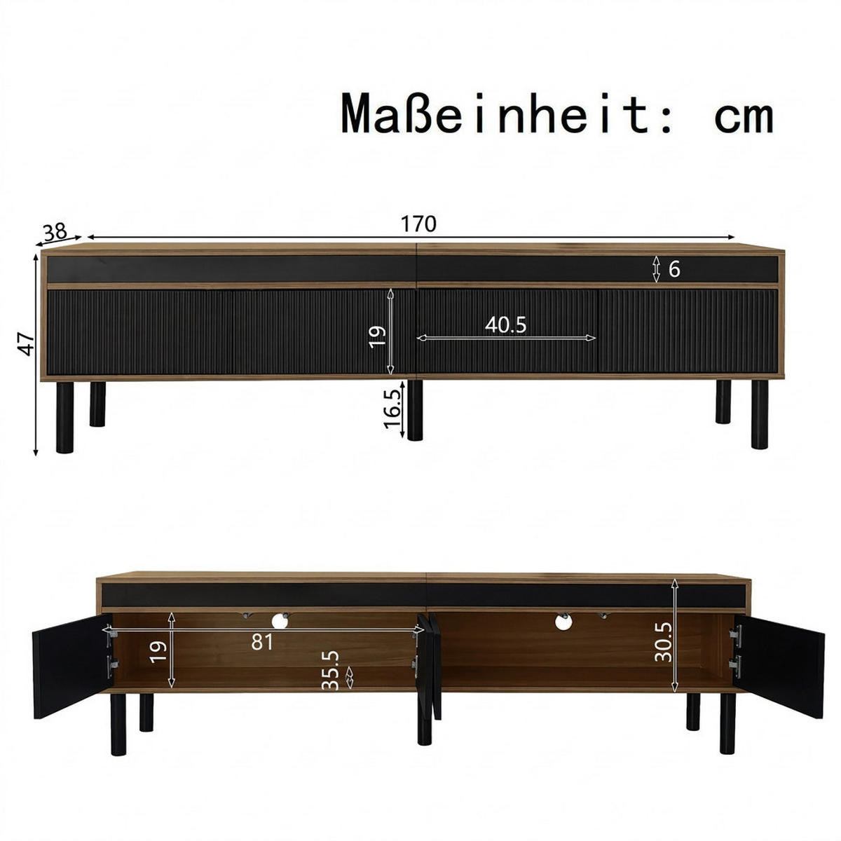 TV-SCHRANK 170/38/47 cm Schwarz/Naturholz mit 4 Türen Push-to-Open - Schwarz, Holz/Holzwerkstoff (170/47/38cm) - Oxeza