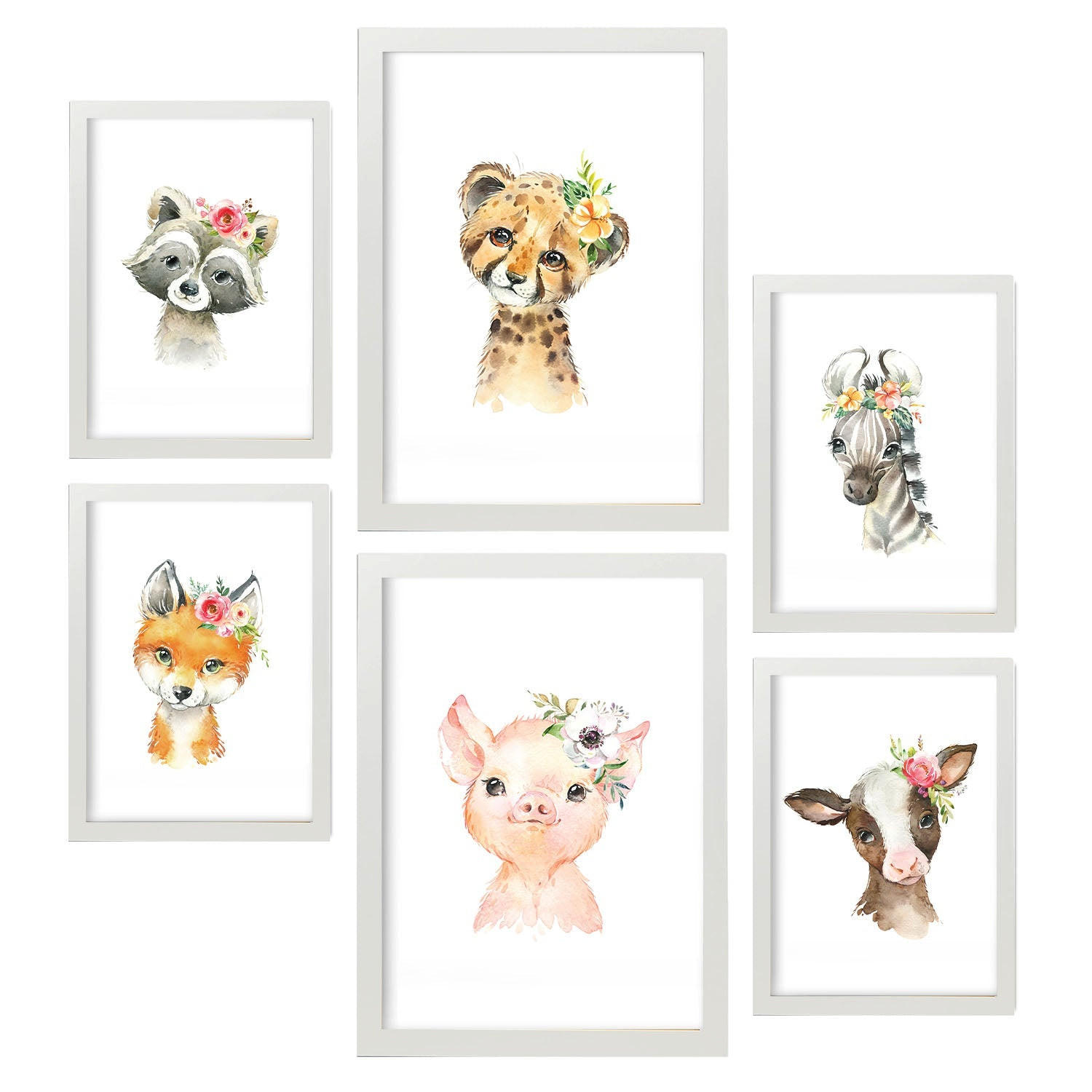 POSTER Set Mit 6 Blumentiere Weißer Hintergrunddruck Mit Baby Tiermotiven Im Pastell Aquarell Stil Innenarchitektur A3 & A4 Weißer Rahmen - Weiß, Papier (29/3cm) - Nacnic