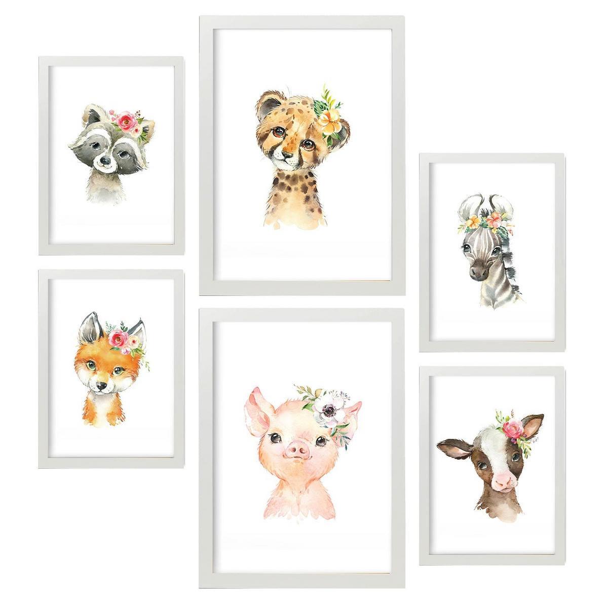 POSTER Set Mit 6 Blumentiere Weißer Hintergrunddruck Mit Baby Tiermotiven Im Pastell Aquarell Stil Innenarchitektur A3 & A4 Weißer Rahmen - Weiß, Papier (29/3cm) - Nacnic