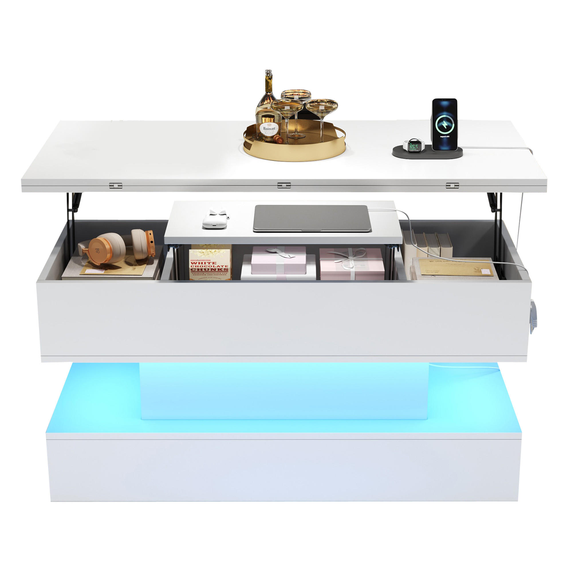COUCHTISCH 100/50/51,5 cm in Weiß mit LED-Beleuchtung und USB- und Type-C-Anschlüssen - Weiß, Holzwerkstoff (100/50/51.5cm) - Flora Grace