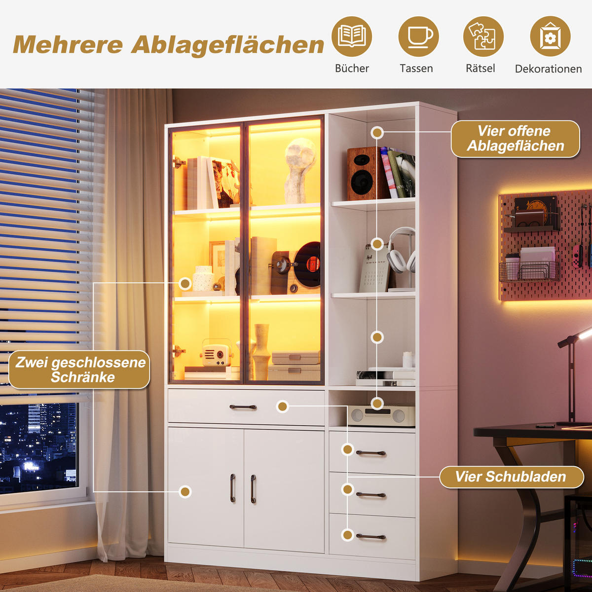 VITRINE in Weiß Hochschrank mit Glasvitrine, Schubladen und LED, 120/35/200cm, für Esszimmer und Wohnzimmer - Transparent/Weiß, Glas/Holzwerkstoff (120/200/35cm) - STILVORA