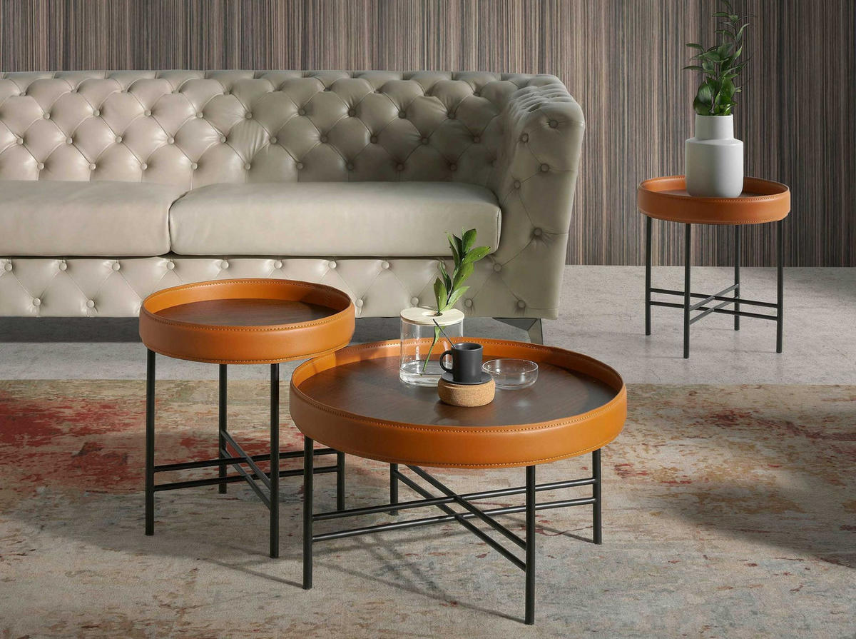 ECKTISCH Runder aus Ökoleder, Nussbaum und schwarzem Stahl Ø42/45 cm - Walnussfarben/Schwarz, Holz/Holzwerkstoff (42/42/45cm) - ANGEL CERDA