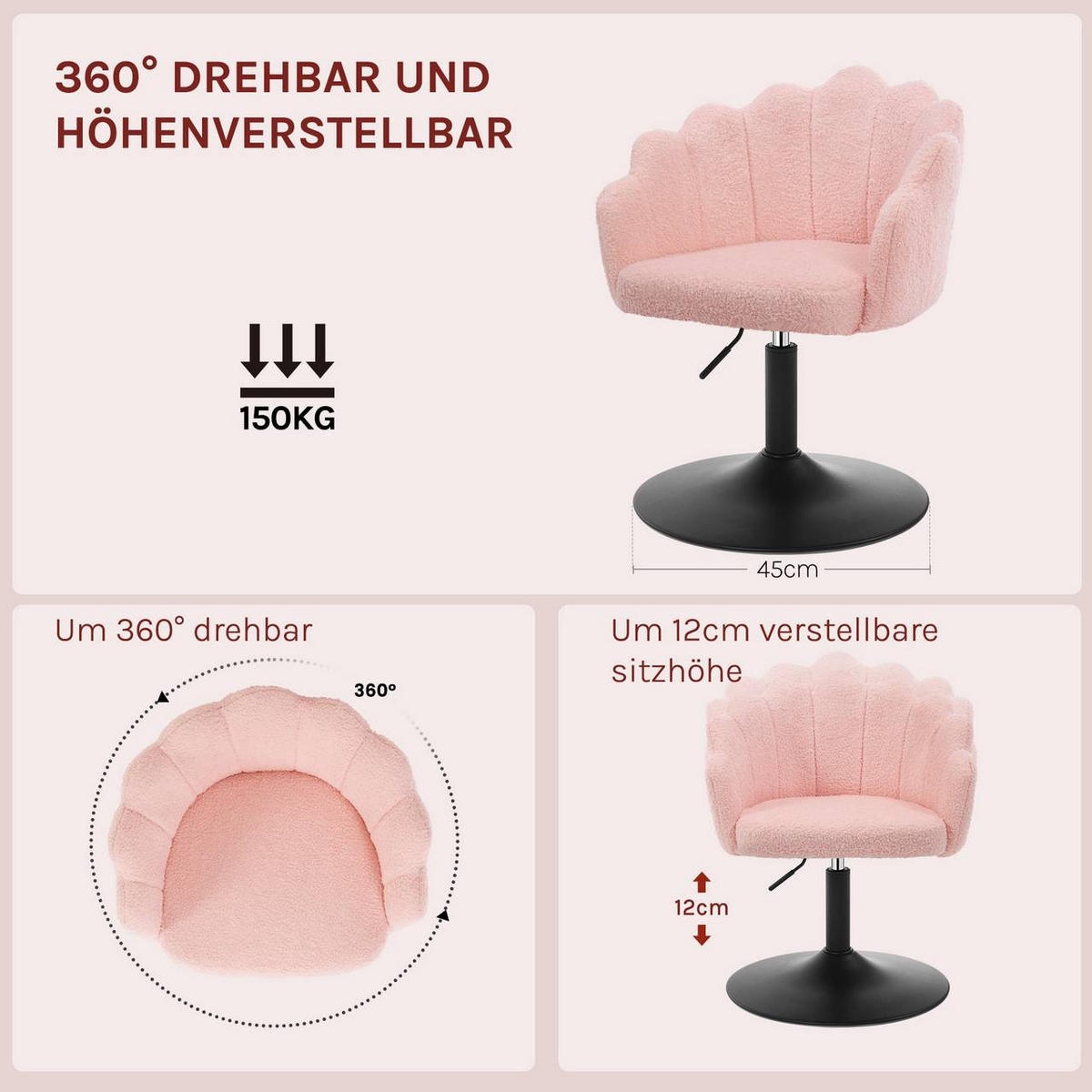 DREHSTUHL, Blumenform, Boucle-Stoff, Schminkstuhl, Rosa - Schwarz/Rosa, Textil/Metall (55/67/50cm) - Woltu