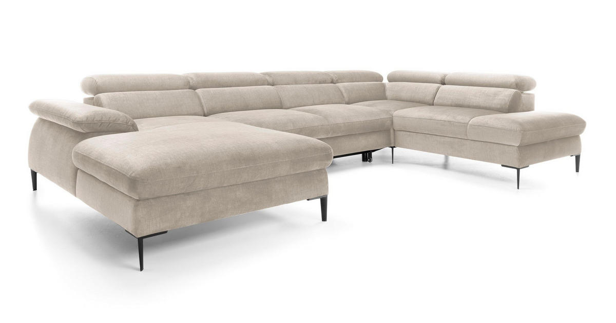 WOHNLANDSCHAFT MESTO Creme Velours-Stoff mit Schlaffunktion - Creme, Holz (353/94/182cm) - MASSENO