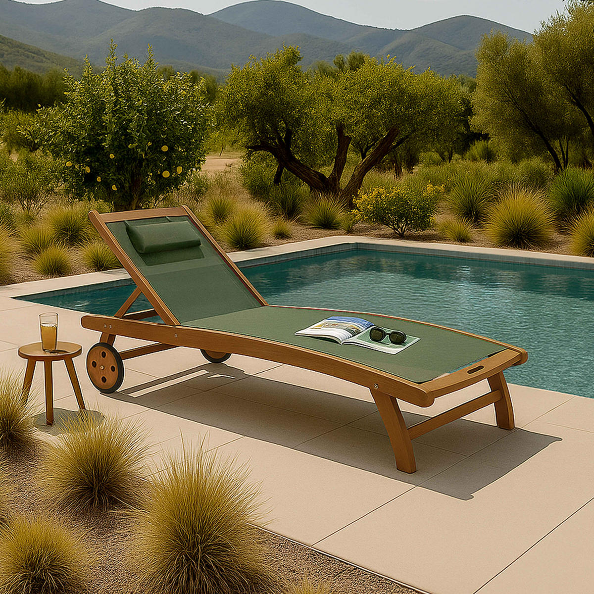 SONNENLIEGE 2-tlg., Salbeigrün - Grün, Holz (69/37/196cm) - Oviala