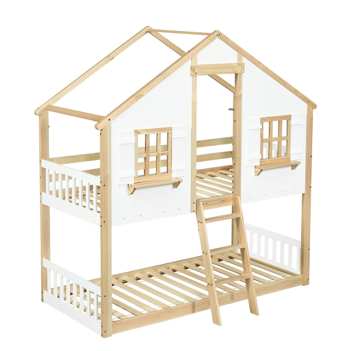 ETAGENBETT Kinderbett 90x200 cm Weiß/Natur mit Dach und Fenstern - Weiß, Holz (90/200cm) - Meubliv