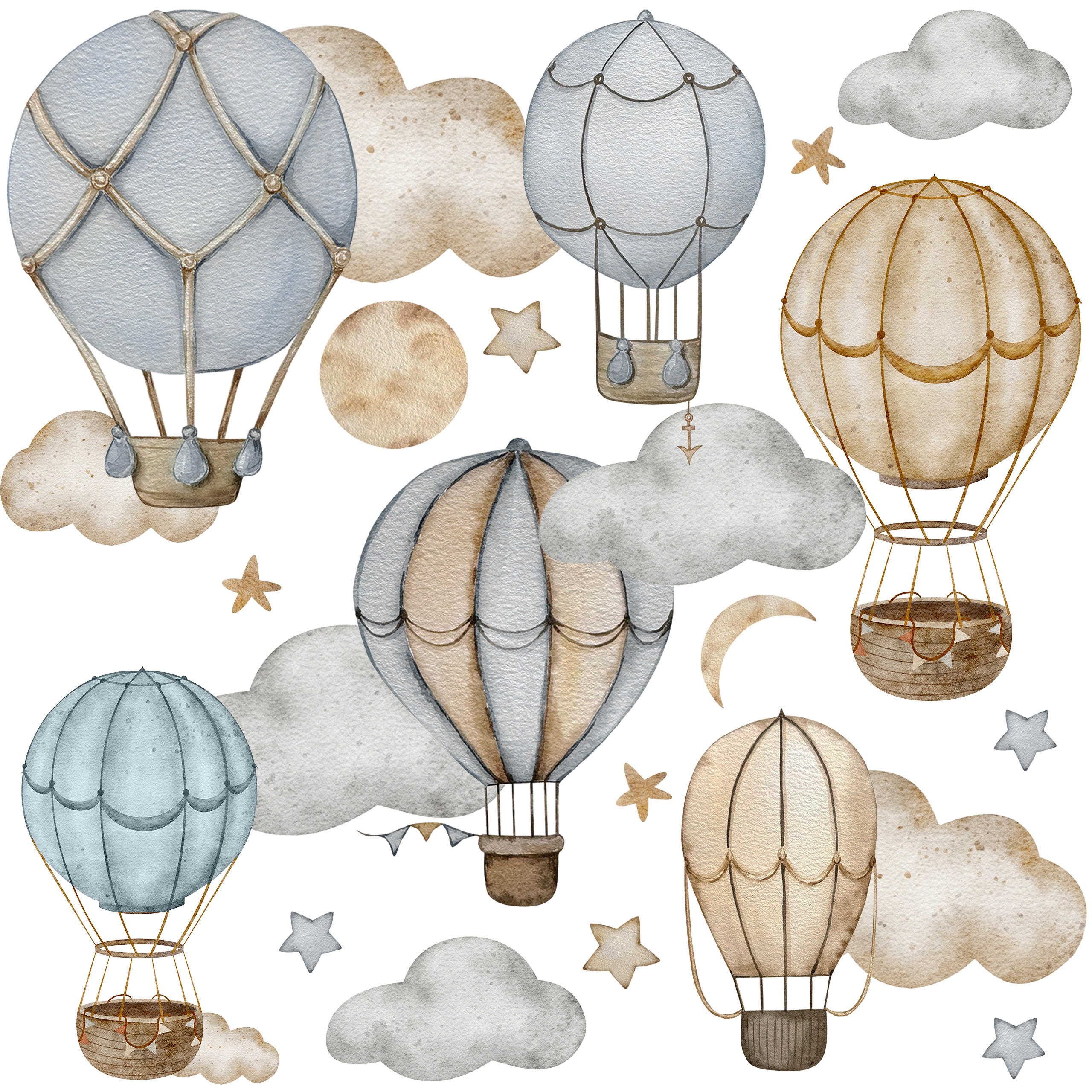 WANDAUFKLEBER SET Luftballons Wolken Sterne Boho Stil 60x30 - Beige/Braun, Papier (60/30/1cm) - Muralo