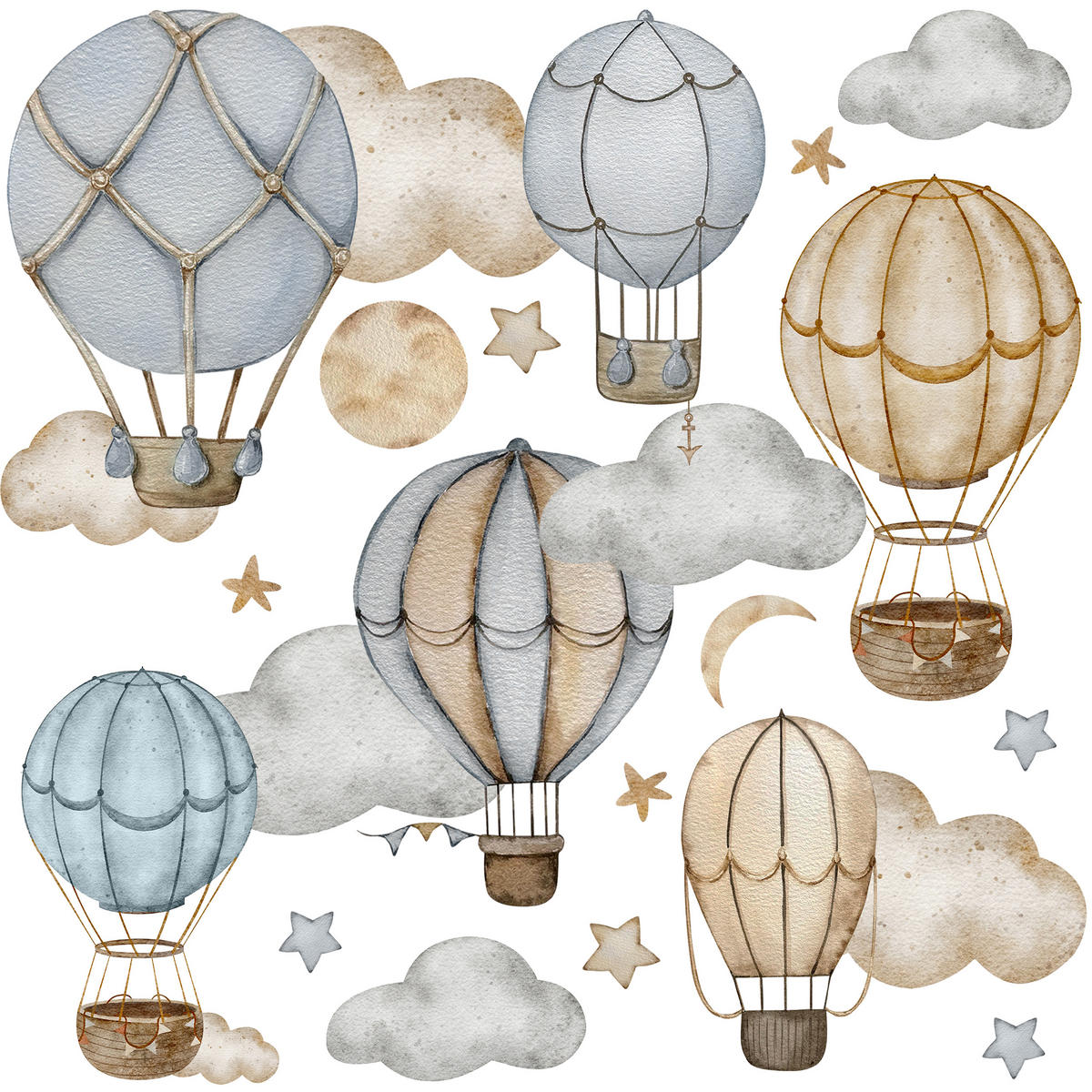WANDAUFKLEBER SET Luftballons Wolken Sterne Boho Stil 60x30 - Beige/Braun, Papier (60/30/1cm) - Muralo