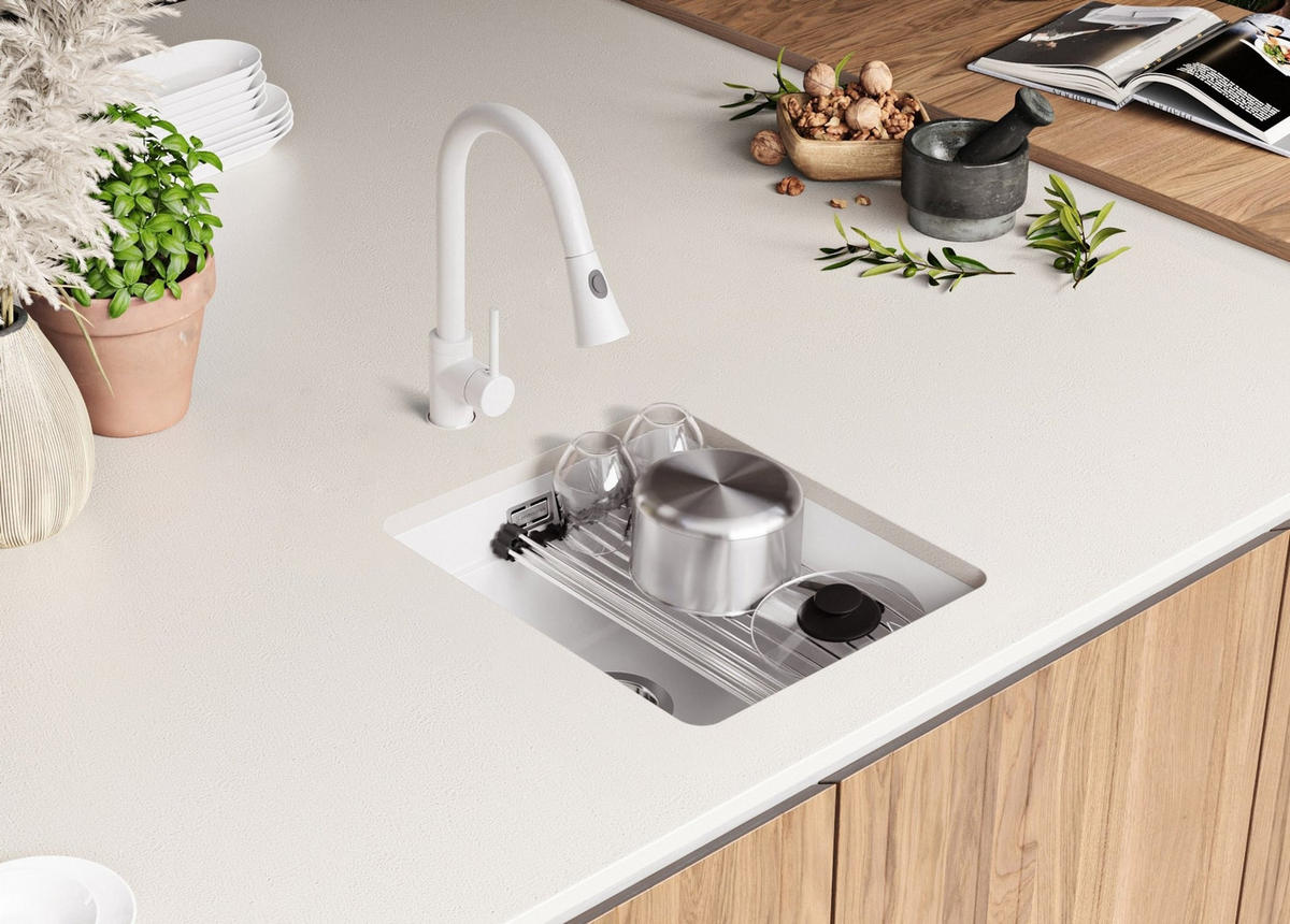 UNTERBAUSPÜLE GRANIT Praga, 2-er set Weiß 41/47 cm 1 Becken + Ablauf-Set + Aufrollbare Abtropffläche ab 45er Unterschrank - Chromfarben/Weiß, Kunststoff (41/20/47cm) - Primagran