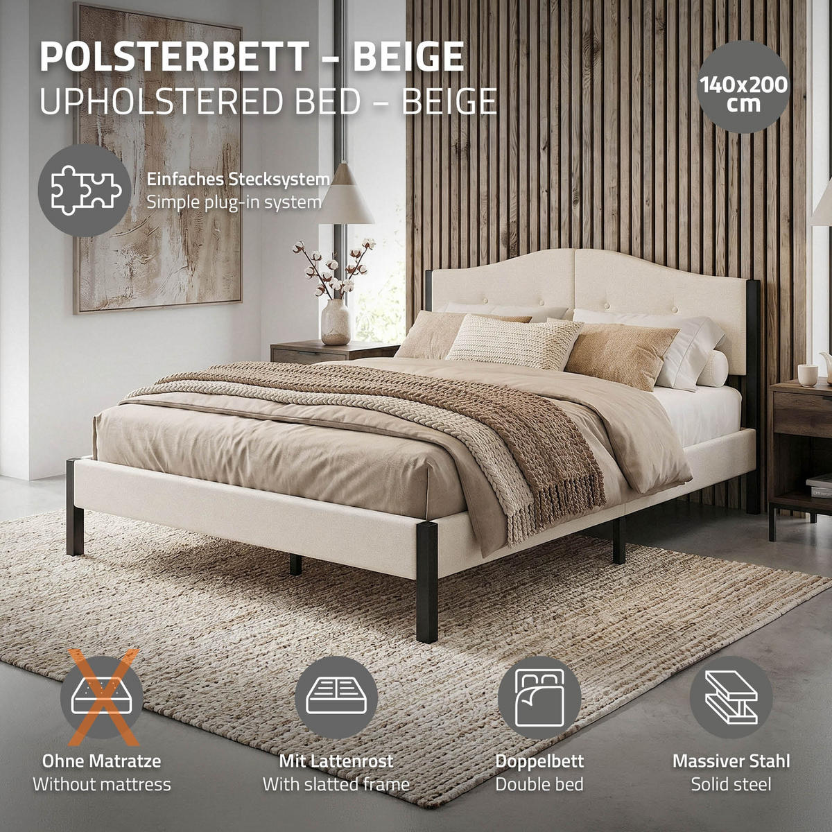ČALOUNĚNÁ POSTEL 140x200 cm béžová s roštem a lněnou látkou - béžová, kompozitní dřevo/textil (140/200cm) - ML-DESIGN