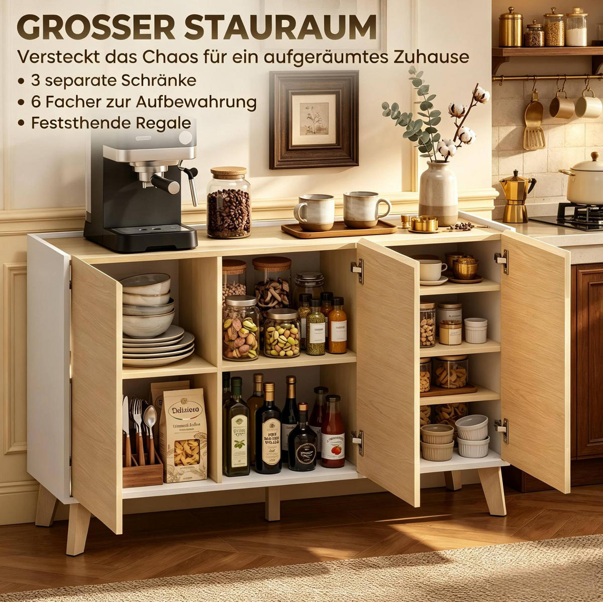SIDEBOARD aus MDF und Spanplatte 120x35x73,5 cm Natur/Weiß mit 3 Türen - Naturfarben, Holzwerkstoff (120/73.5/35cm) - IVMEU