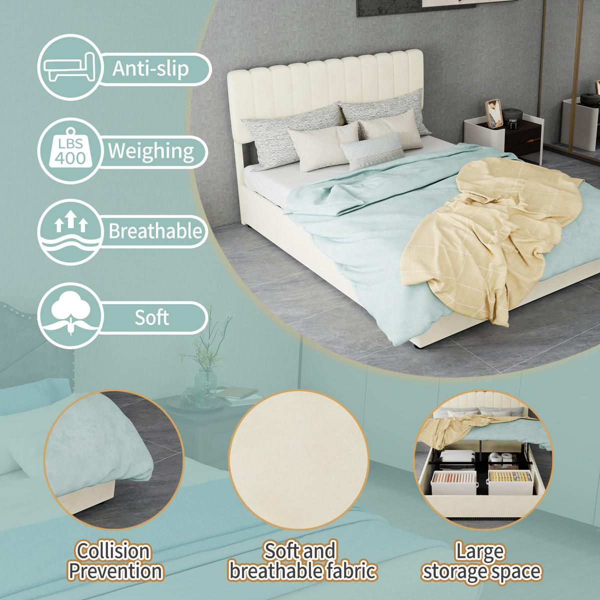 POLSTERBETT 140x200 cm in Beige mit hohem Kopfteil und Matratze - Beige, Textil (140/200cm) - IVMEU