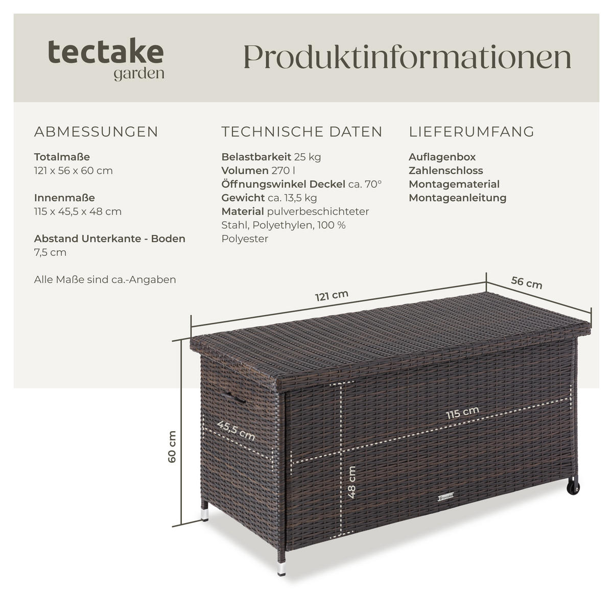 AUFLAGENBOX Kiruna,121 x 56 x 60 cm,braun - Braun, Kunststoff (56/60/121cm) - tectake