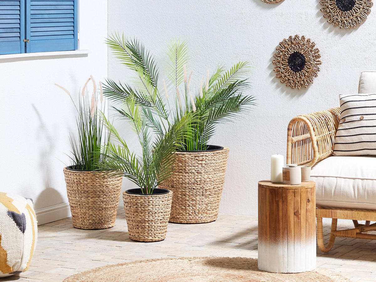 BLUMENTOPF 3er-Set Wasserhyazinthe natürlich rund 49-35/37-26/29-21 cm Plaka - Beige/Schwarz, Naturmaterialen (47cm) - Beliani