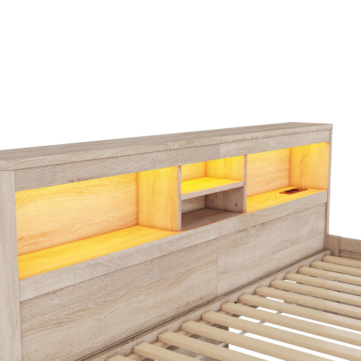POLSTERBETT aus Spanplatte & MDF 90x200 cm in Natur mit LED & USB-Ladebuchsen - Naturfarben, Holzwerkstoff (90/200cm) - Modfu