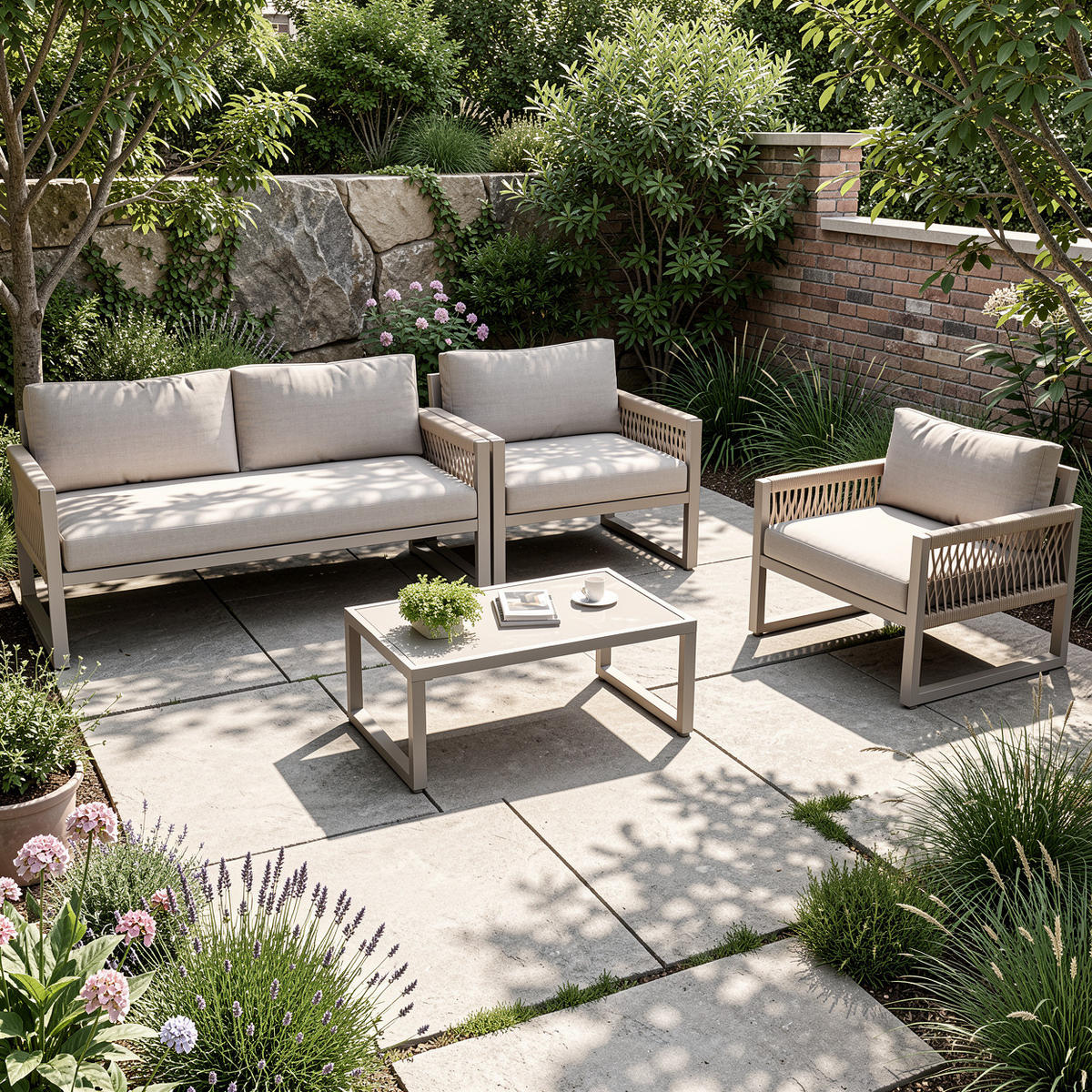 LOUNGEGARNITUR 4-tlg Khaki Metall & Seil Outdoor Sofaset mit 2 Sesseln, Sofa & Glastisch - Sandfarben, Metall - Urban Meuble