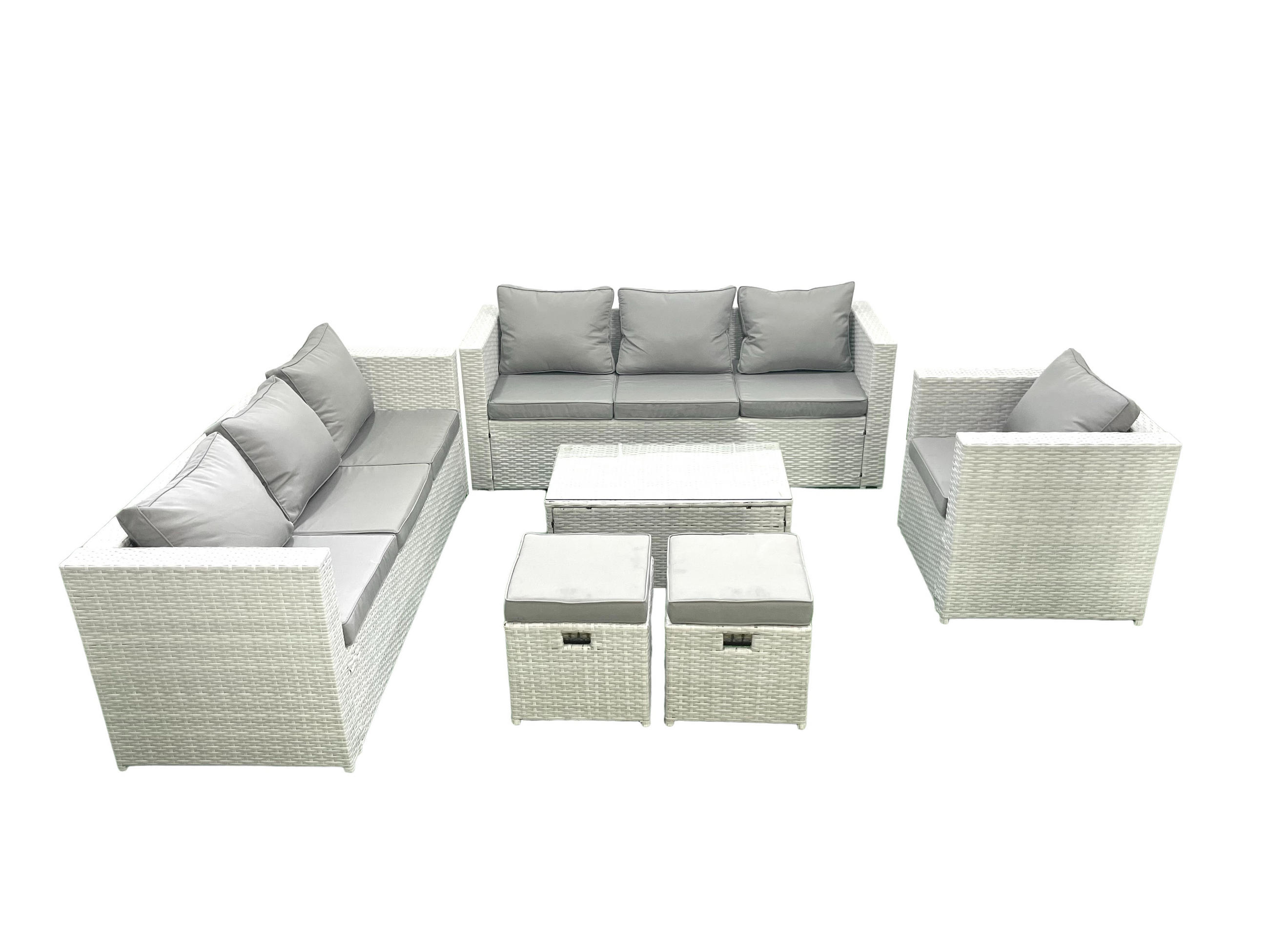 GARTENGARNITUR mit 3-SITZER SOFA,COUCHTISCH Polyrattan Hellgrau-Mix 9-Sitzer - Hellgrau/Grau, Glas/Kunststoff - Fimous