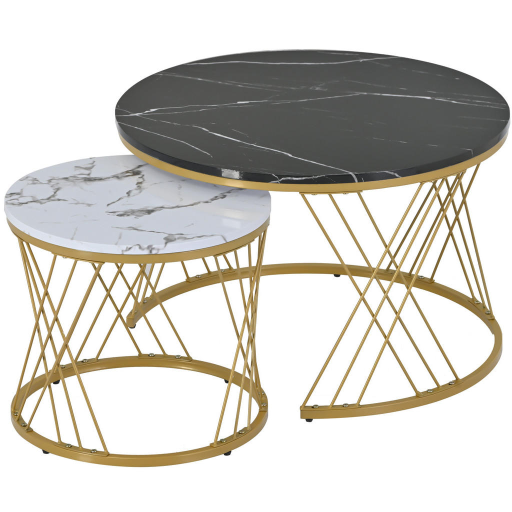 Modfu SADA konferenčních stolků z MDF 70x70x45/45x45x40 cm černá s mramorovým dekorem, kulatý zasouvací design