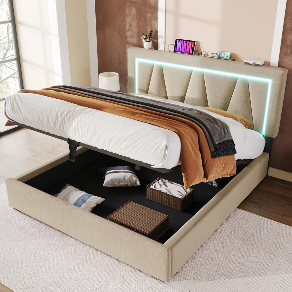 POLSTERBETT mit Stauraum, USB und LED 140x200 cm Leinen Beige - Beige, Metall (140/200cm) - Meubliv