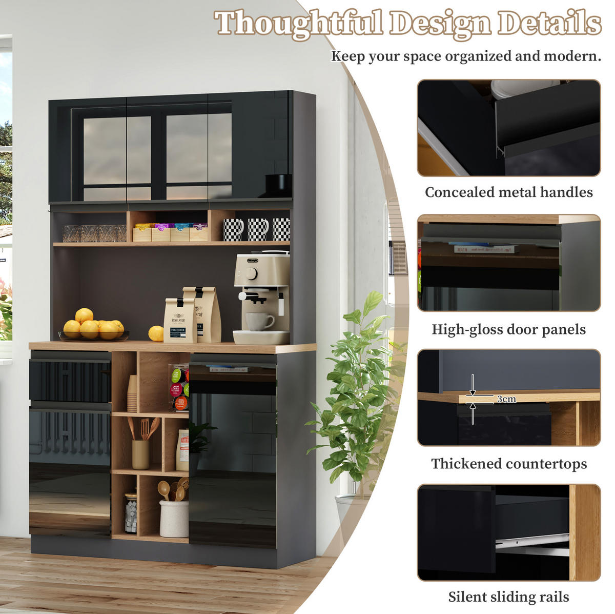 BUFFET 105/185/45 cm Anthrazit/Schwarz aus MDF mit verstellbaren Einlegeböden - Schwarz, Holzwerkstoff (45/185/105cm) - OKMYHOME