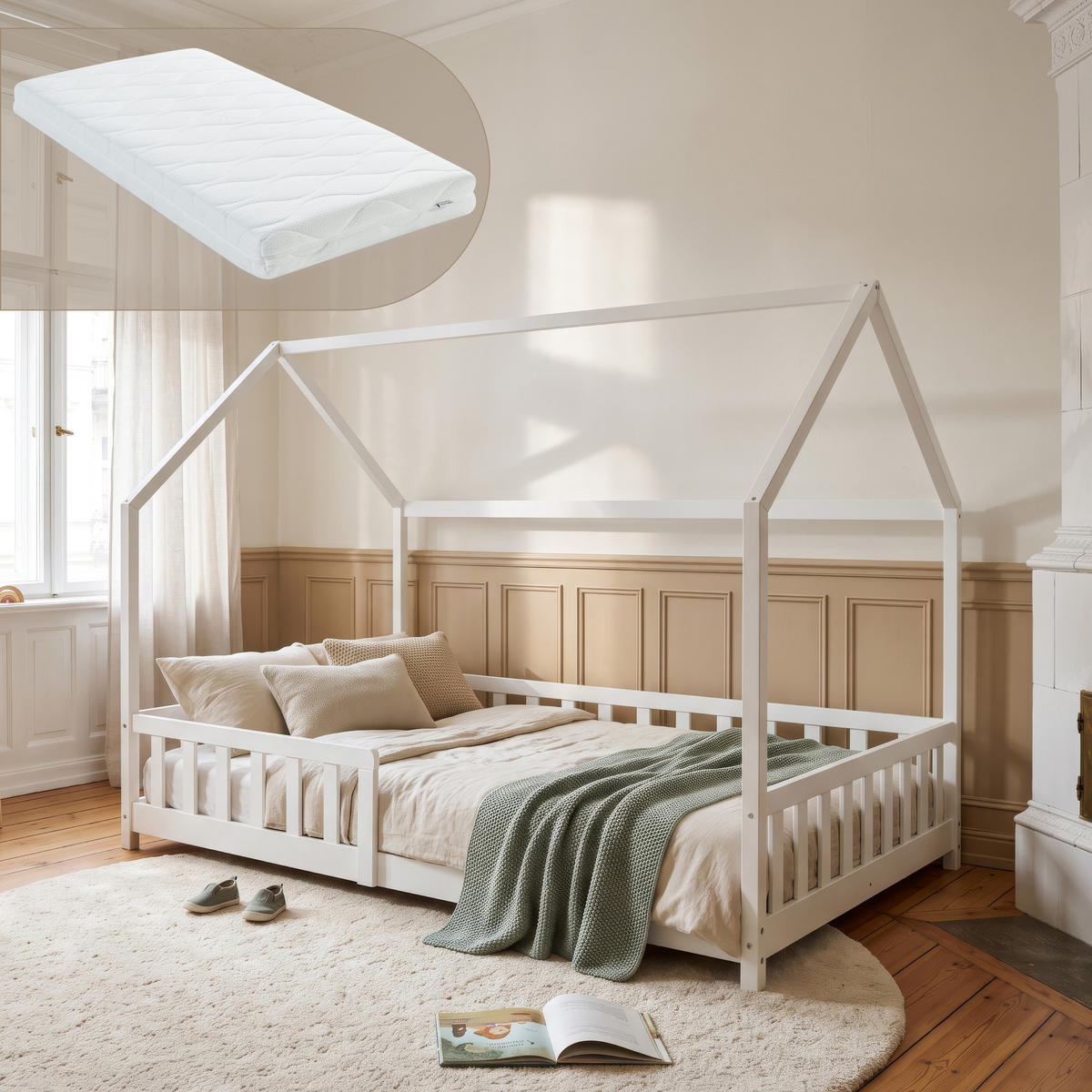 HAUSBETT Hesel mit Matratze - Weiß, Holz/Textil (140/200cm) - [en.casa]
