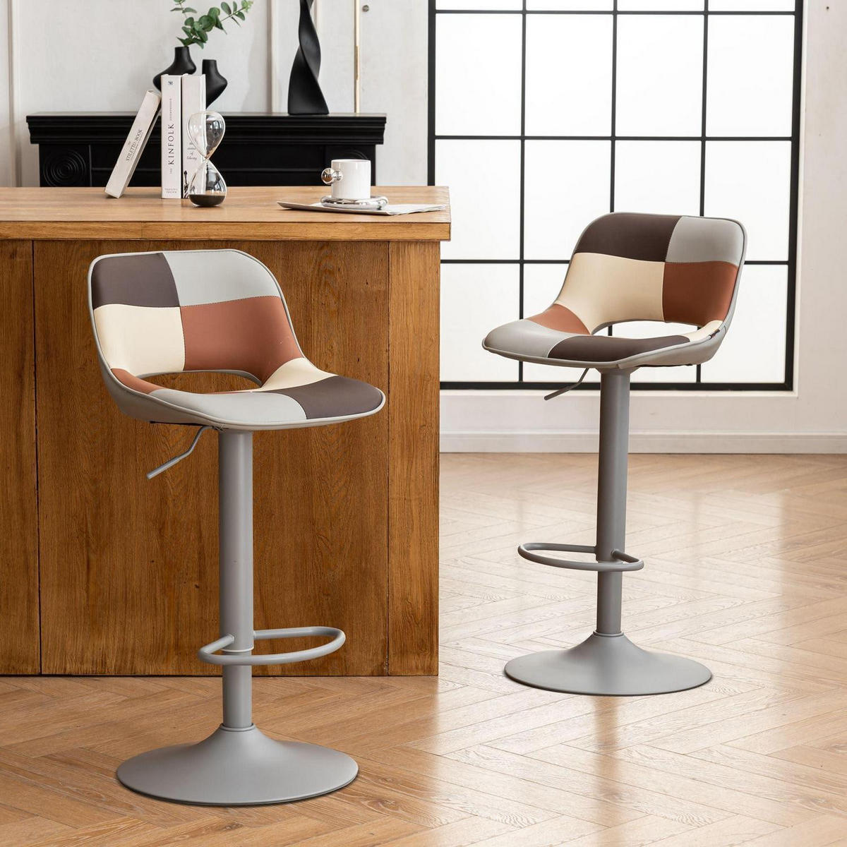 BARHOCKER 2er Set Patchwork Grau Beige Höhenverstellbar Drehstuhl - Multicolor, Leder (49/80/44cm)