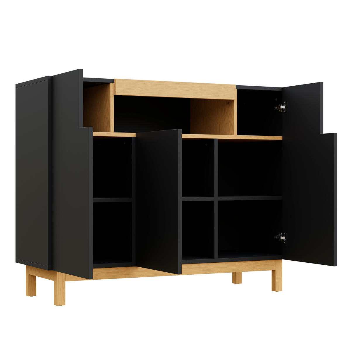SIDEBOARD Schwarz & Holzoptik, mit Türen, Innenfächern und offenen Ablagen, 120,5/42/96 cm - Schwarz, Holzwerkstoff (120.5/96/42cm) - WISHDOR