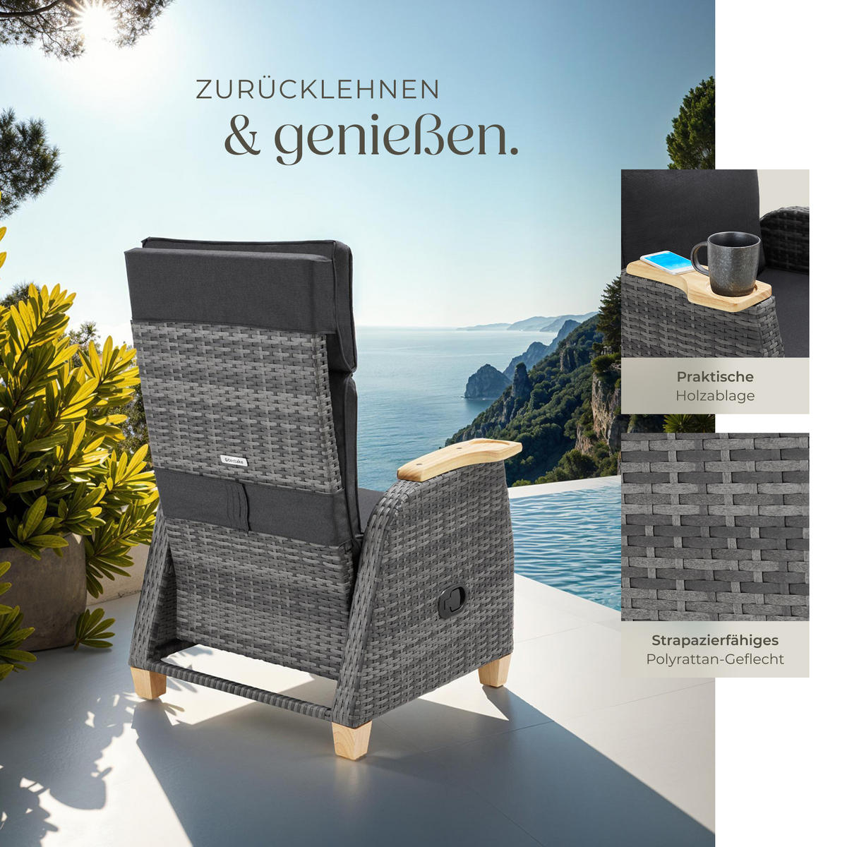 RATTANSESSEL Pescara,68,5 x 67 - 128 x 87 - 104 cm,grau - Grau, Kunststoff (68.5/104/128cm) - tectake