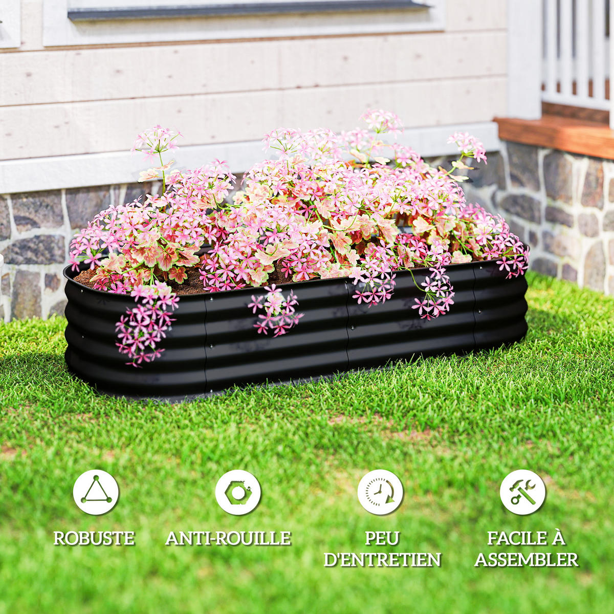 HOCHBEET DE-12147 modular 150/62/30 cm mit Gummikante Schwarz - Schwarz, Metall (150/30/62cm) - ComfortXL