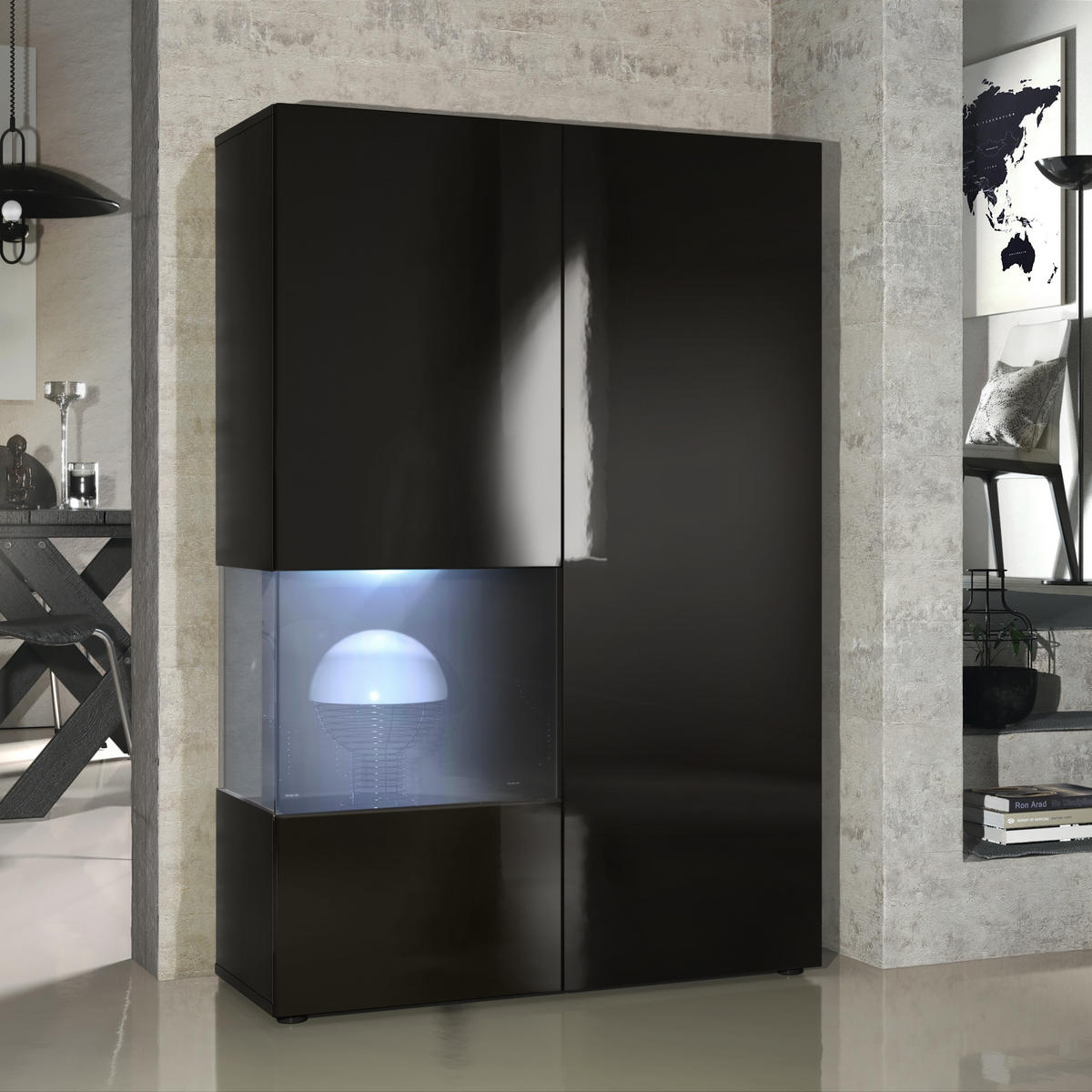 VITRINE Morena Tür und Einsatz in Schwarz Hochglanz - Schwarz Hochglanz, Holzwerkstoff (91.5/136.5/37cm) - Vladon
