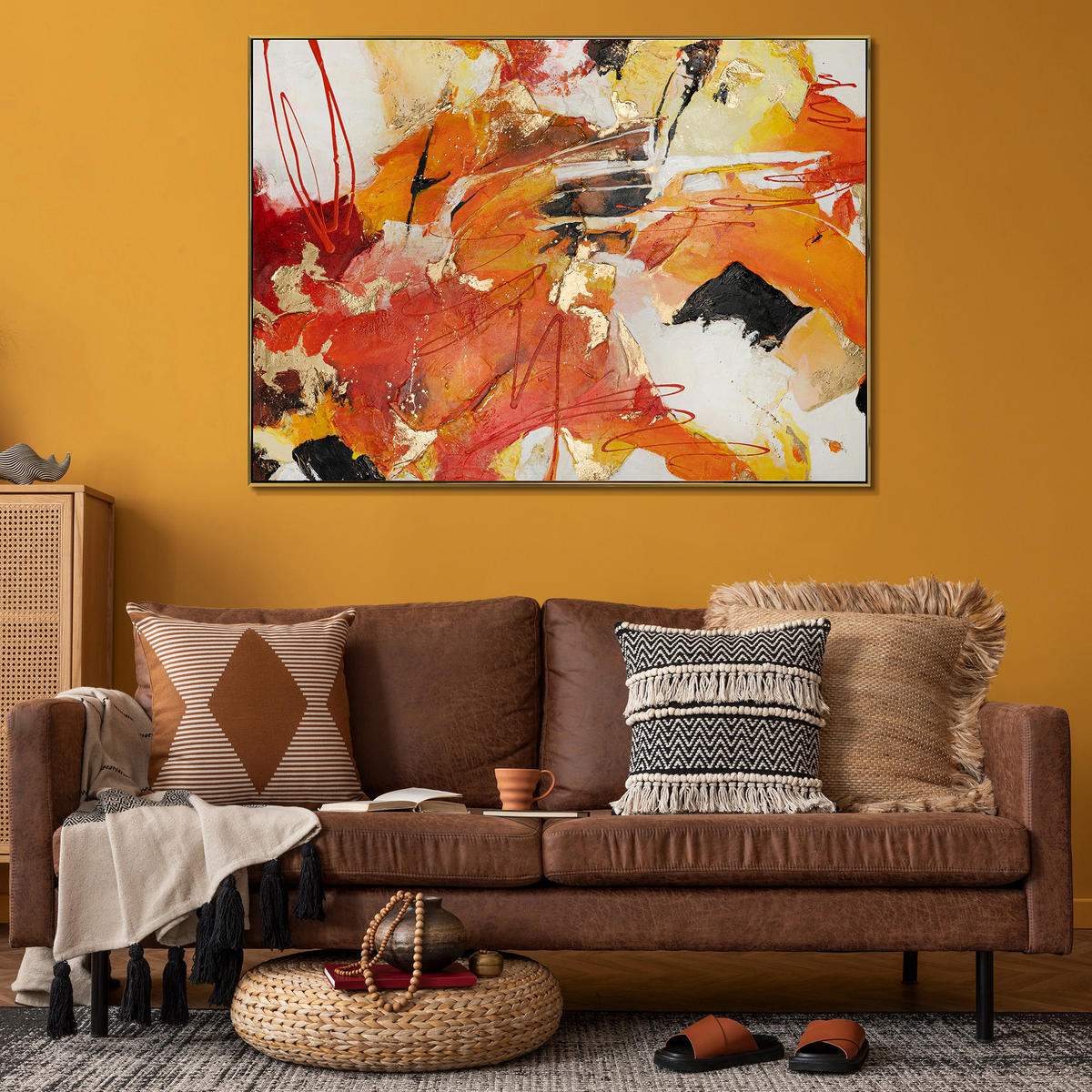 GEMÄLDE Orangene Explosion II Schattenfugenrahmen Gold 180x120 cm - Goldfarben, Holz (180/120cm) - YS-art gallery