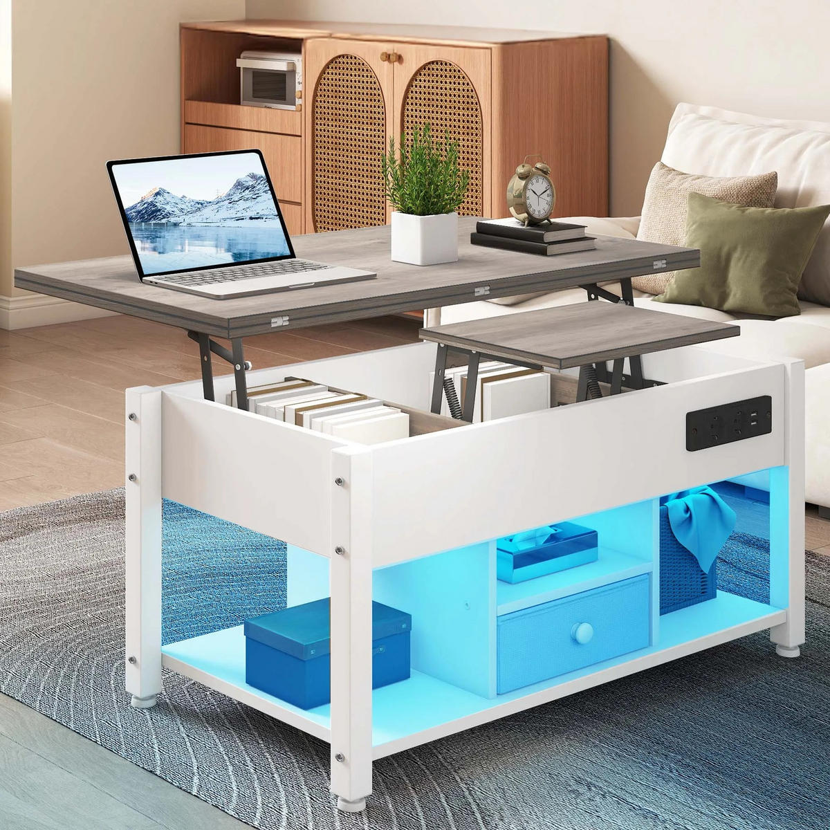 COUCHTISCH, 4-in-1, Weiß, Grau, höhenverstellbar, LED - Weiß, Holzwerkstoff (47.8/90/61.7cm) - Kaket