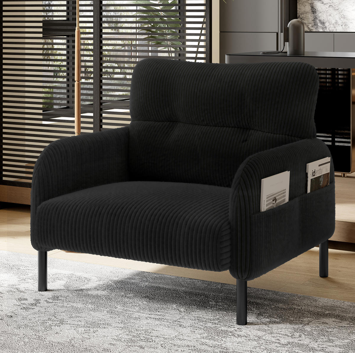 SESSEL 67/75/79 cm in Schwarz aus Cord mit Seitentasche - Schwarz, Textil (67/79/75cm) - BEAOK