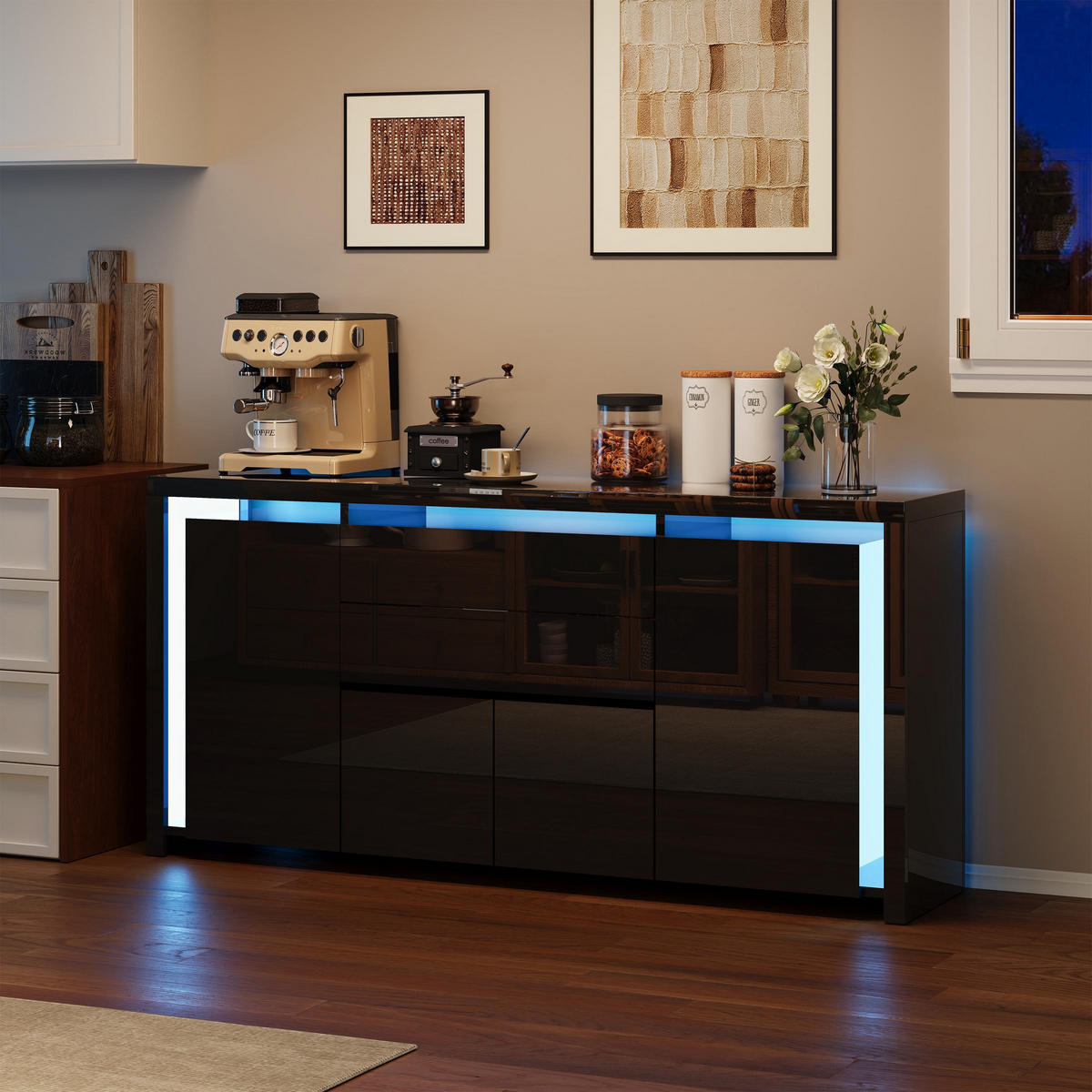 SIDEBOARD 160 cm Hochglanz mit LED, 4 Türen und 2 Schubladen, Küchenschrank mit Stauraum, Schwarz - Schwarz, Holzwerkstoff (160/35/75cm) - Waldena