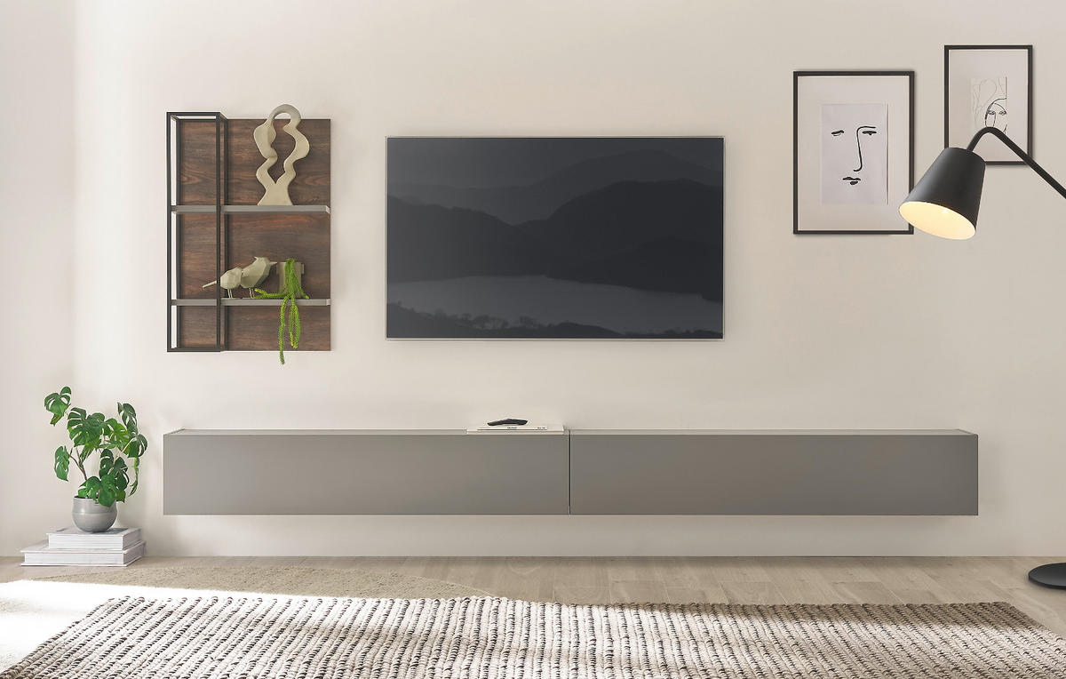 WOHNWAND Thermo Eiche, grau, Wohnkombination 3-teilig 304 x 170 cm - Eichefarben/Grau, Holzwerkstoff (304/170/30cm) - Furn.Design