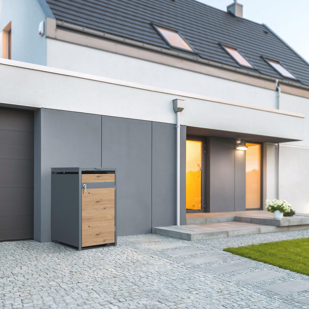 MÜLLTONNENBOX 1er Anthrazit-Eichenoptik - Braun, Metall (80/116.3/68cm) - ML-DESIGN