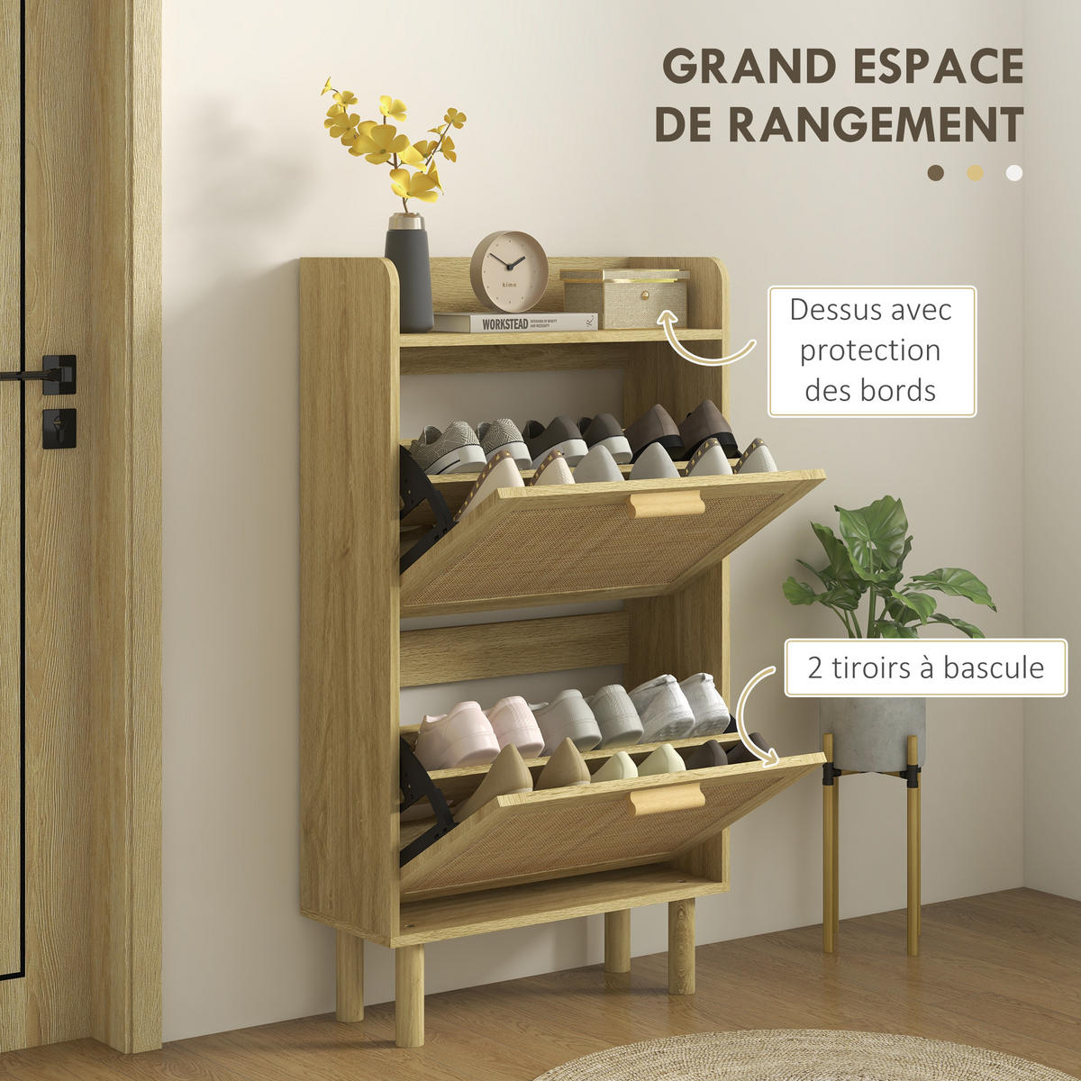 SCHUHSCHRANK DE-15001 2 Klapptüren mit geflochtener Resin-Optik Natur - Eichefarben, Holzwerkstoff (80/110/24.5cm) - ComfortXL