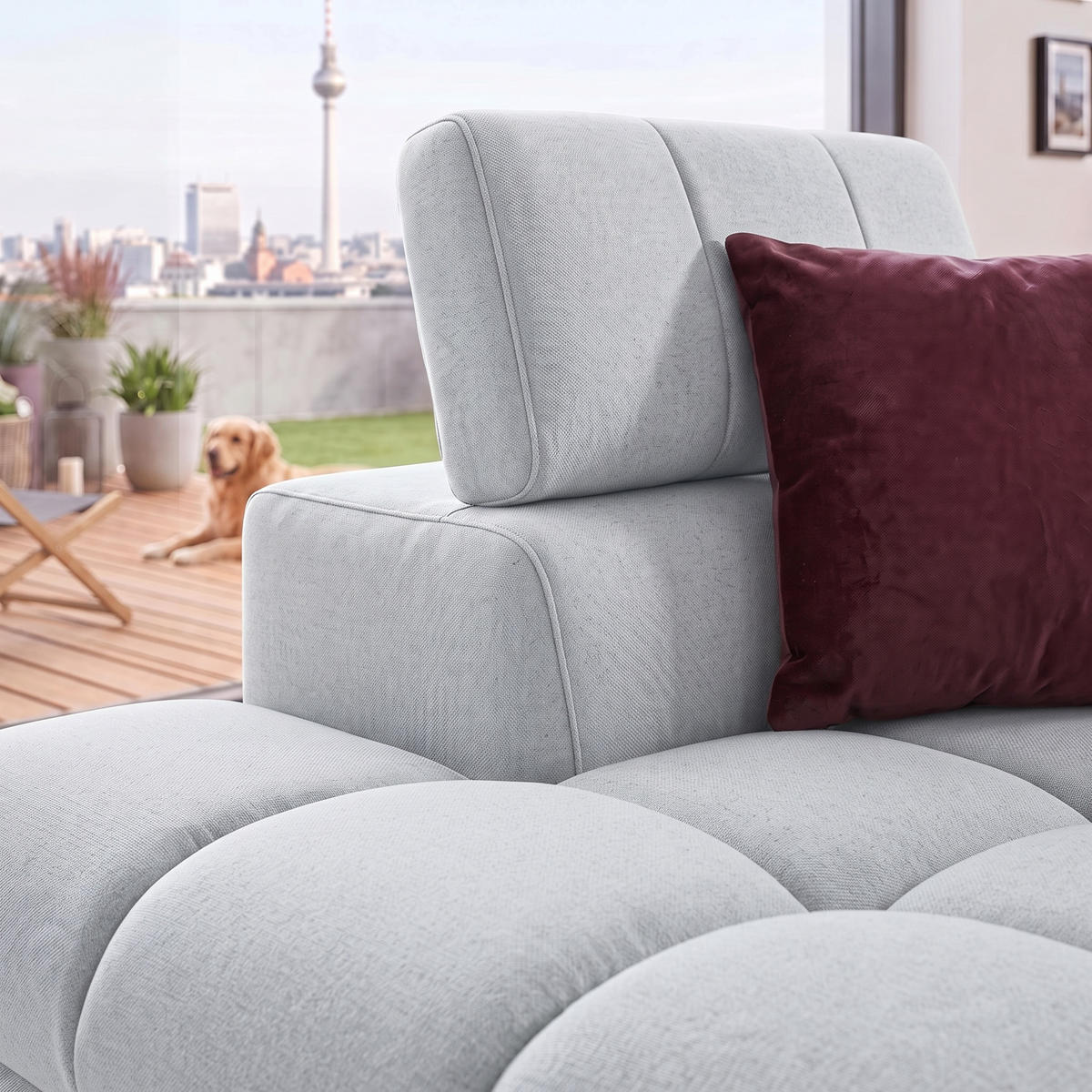 ECKSOFA PUDDING MAXI L Links mit Schlaffunktion 125x195 Velours Hellgrau - Hellgrau/Schwarz, Holz/Textil (203/350cm) - Muffo