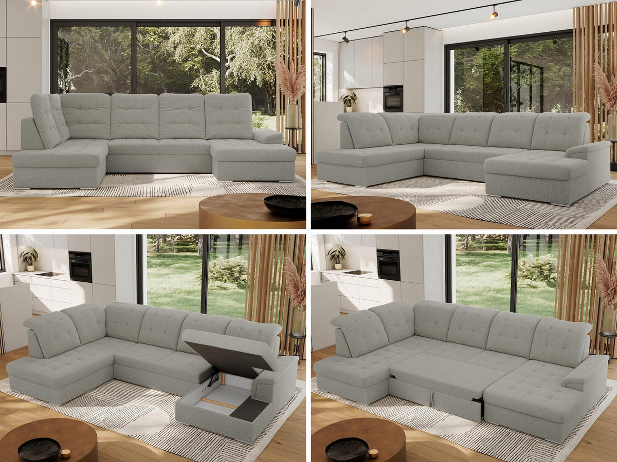 WOHNLANDSCHAFT MADRITO U - Hellgrau Boucle - Links - Silberfarben/Hellgrau, Textil/Metall (204/89/323cm) - MKS