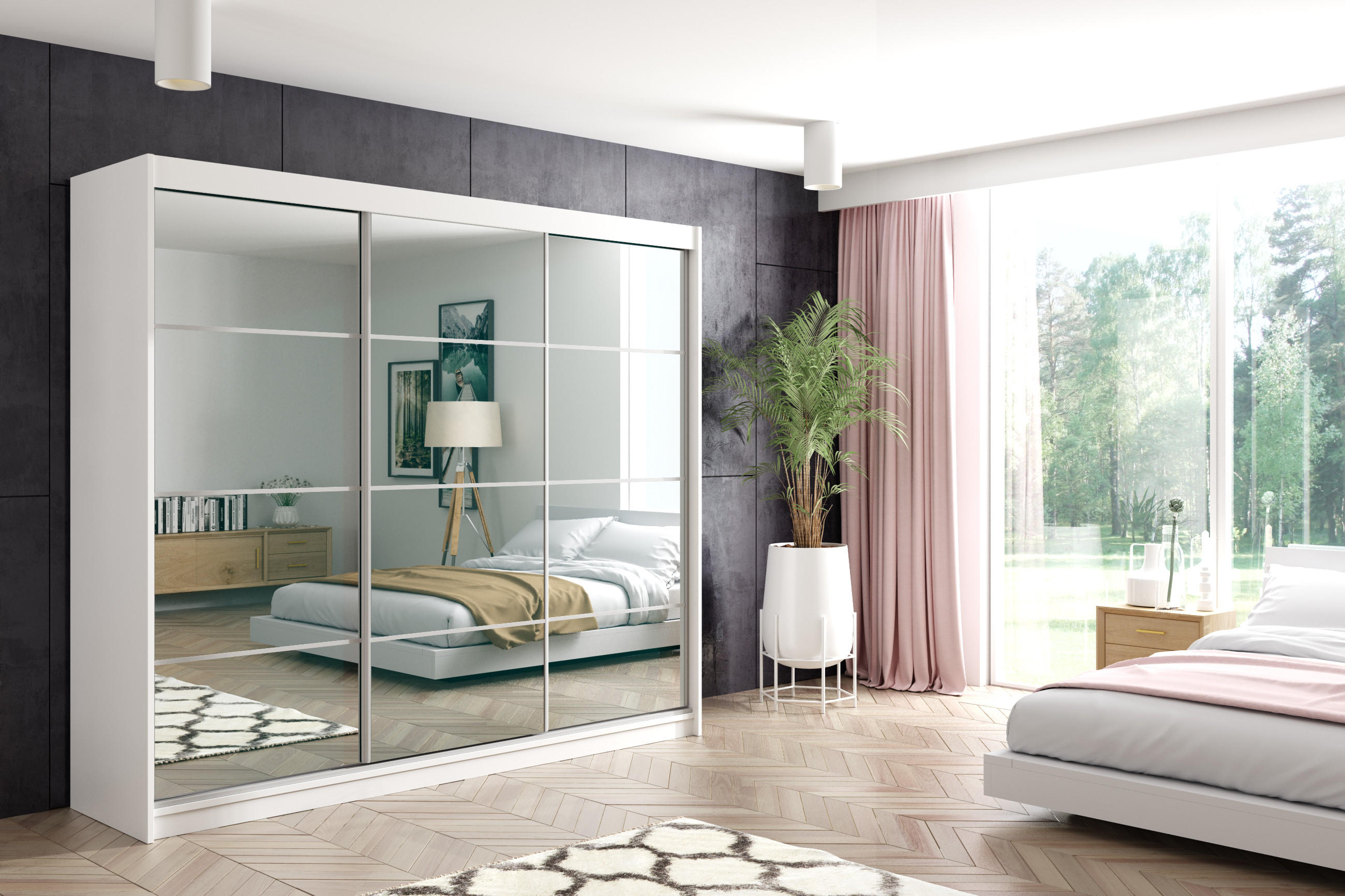 KLEIDERSCHRANK mit Spiegel-Schiebetüren und Aluminium-Leisten - VIVI - 180 cm Weiß - Weiß, Holzwerkstoff (180/216/61cm) - ALTDECOR