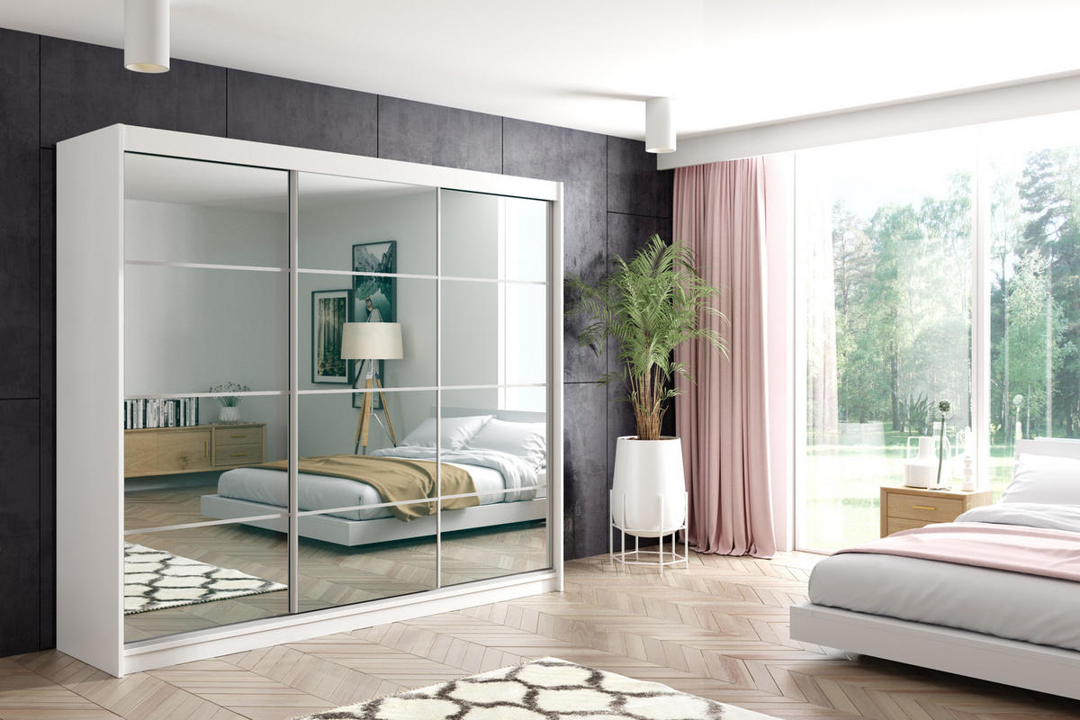 KLEIDERSCHRANK mit Spiegel-Schiebetüren und Aluminium-Leisten - VIVI - 240 cm Weiß - Weiß, Holzwerkstoff (240/216/61cm) - ALTDECOR