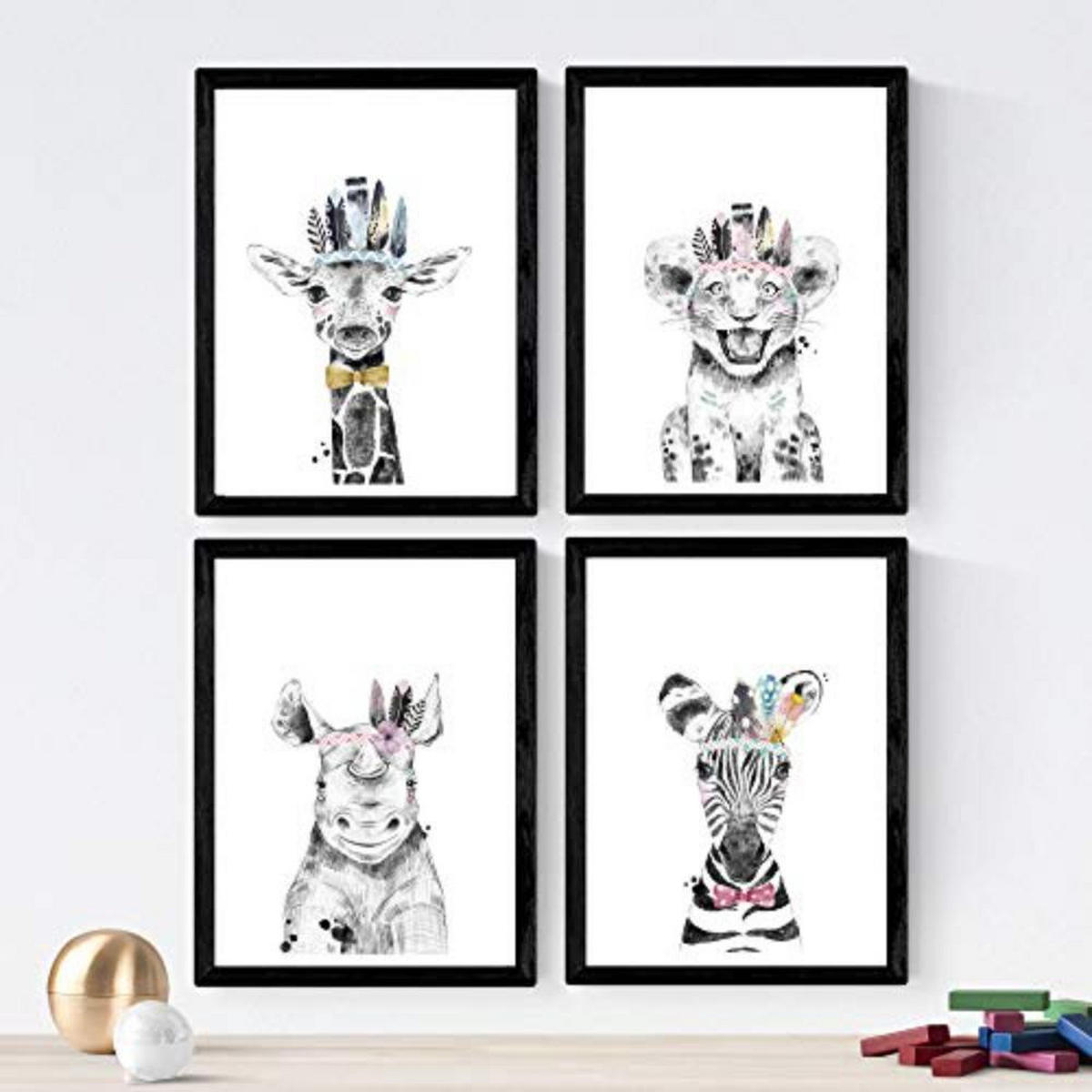 POSTER Set mit 4 Tiere Kinderferien A3 Schwarzer Rahmen - Schwarz, Papier (29.7/3cm) - Nacnic