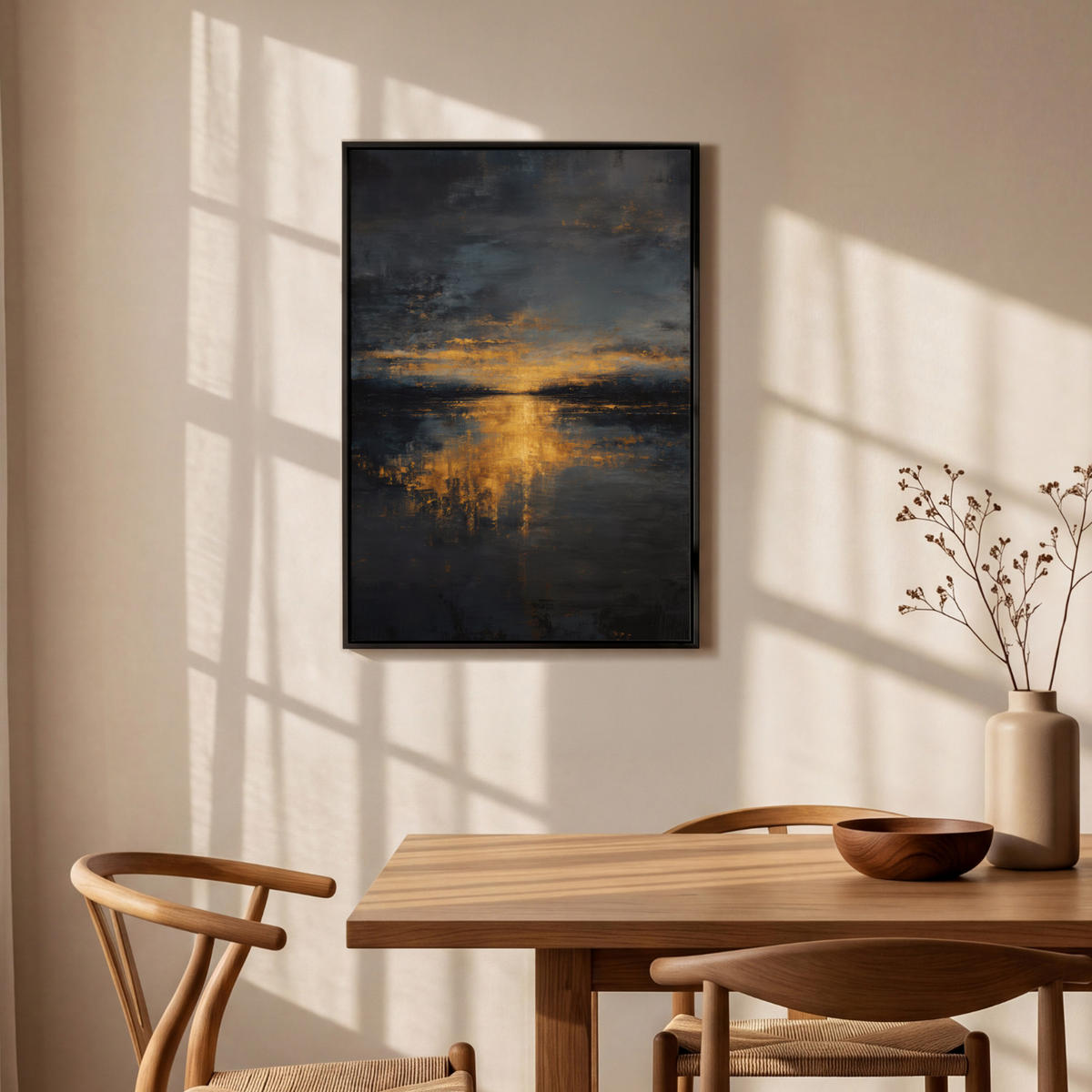 LEINWAND Bilder mit Rahmen - Goldene Reflexion auf dem Wasser - 60x90 - Anthrazit, Textil (60/90cm) - MuchoWow