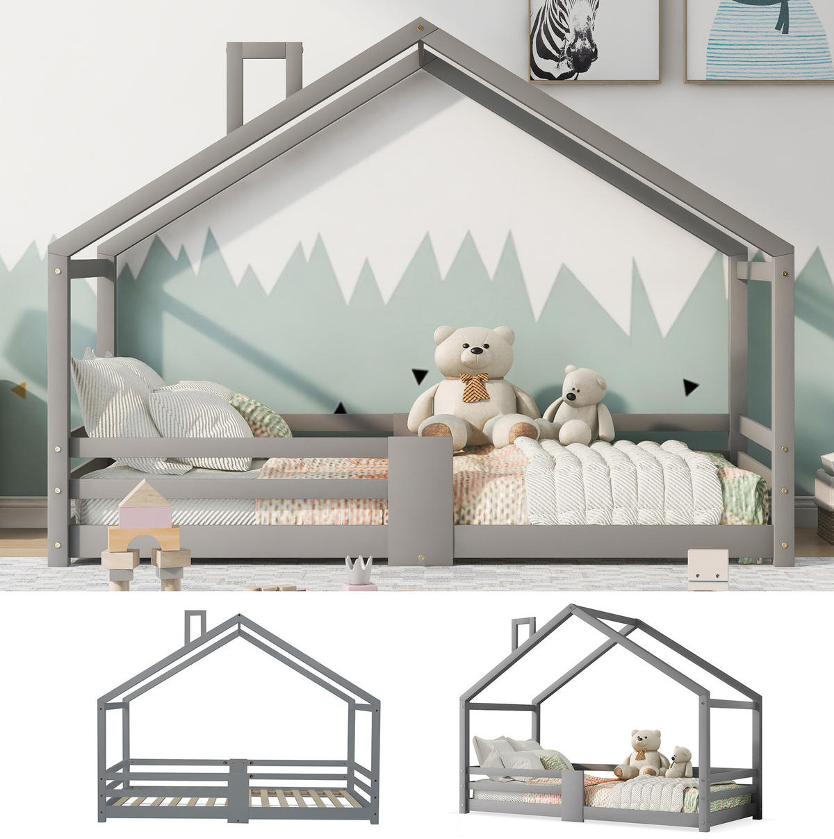 HAUSBETT 90/200 cm Grau aus Kiefer massiv mit Rausfallschutz - Grau, Holz (90/200cm) - Flora Grace