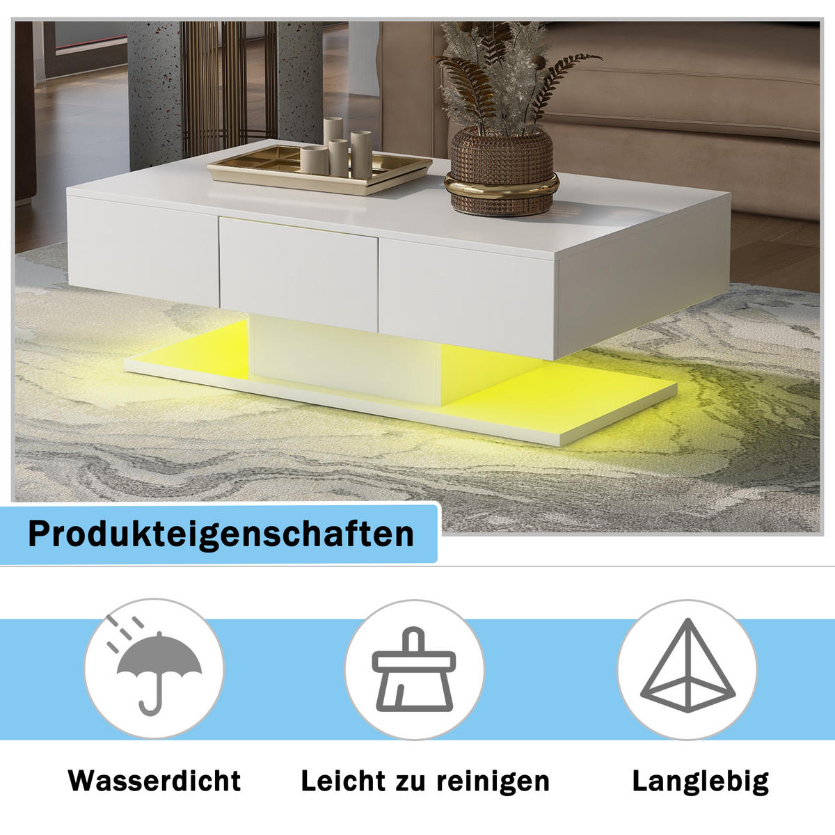 COUCHTISCH 100/60 cm mit 2 Schubladen in Weiß hochglänzend mit LED-Beleuchtung - Weiß, Holzwerkstoff (100/60/36cm) - OKWISH