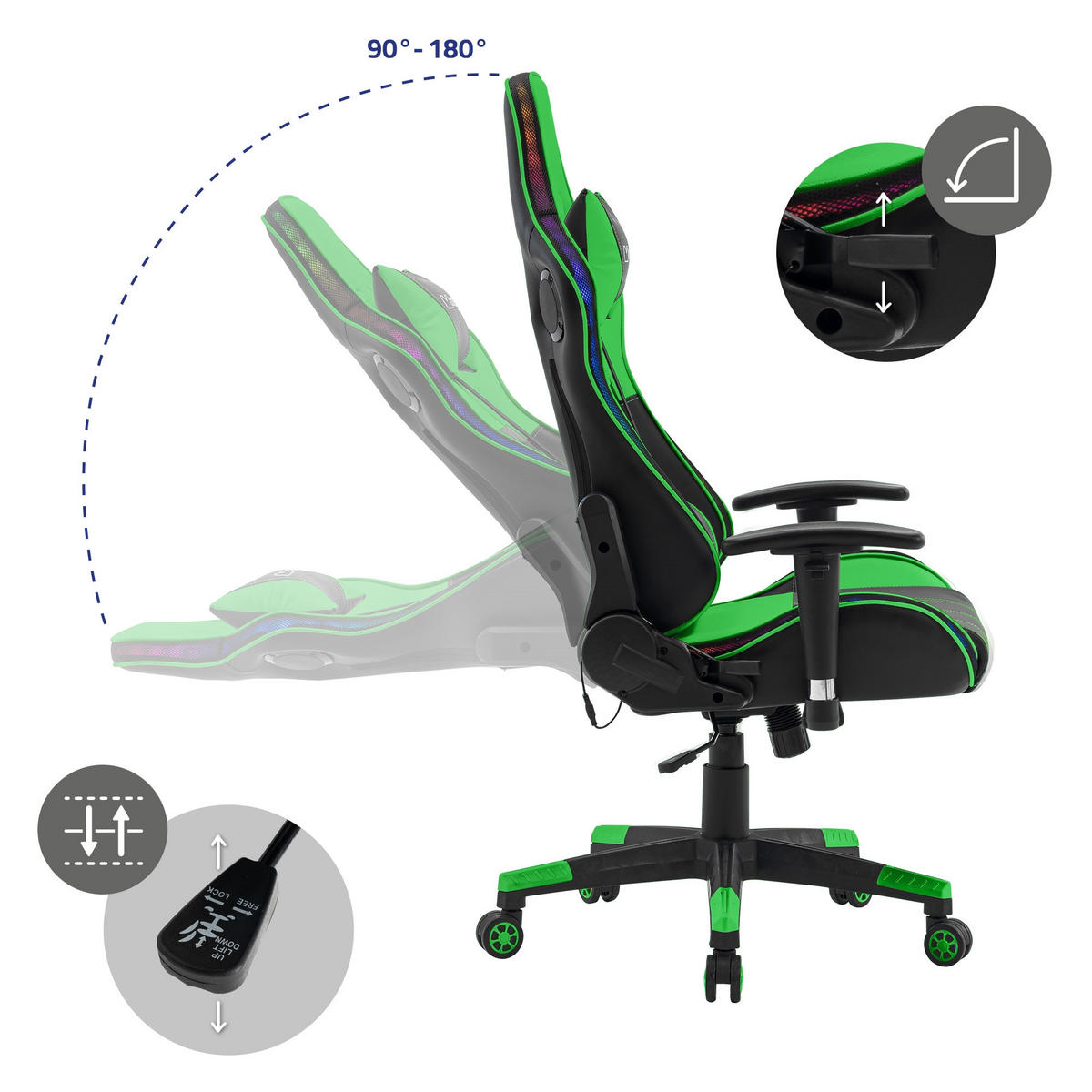 GAMING-STUHL Schwarz-Grün - Grün, Metall (68/132/66cm) - ML-DESIGN