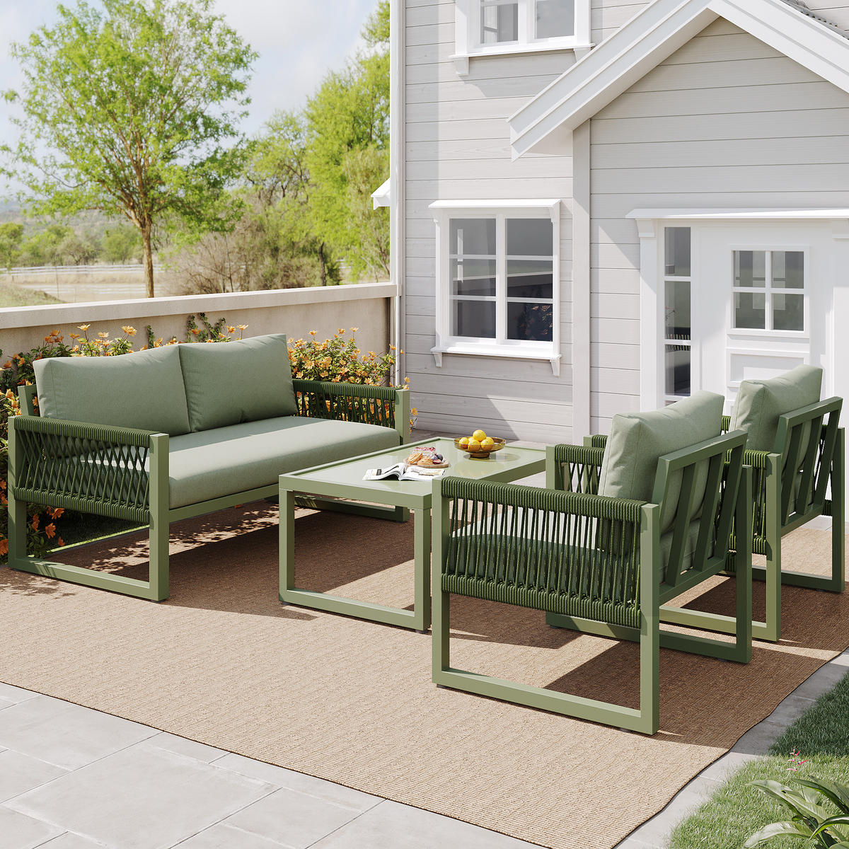 LOUNGESET 4er Seil Grün Mit Verstellbaren Füßen & Glastisch - Grün, Metall - FLIEKS