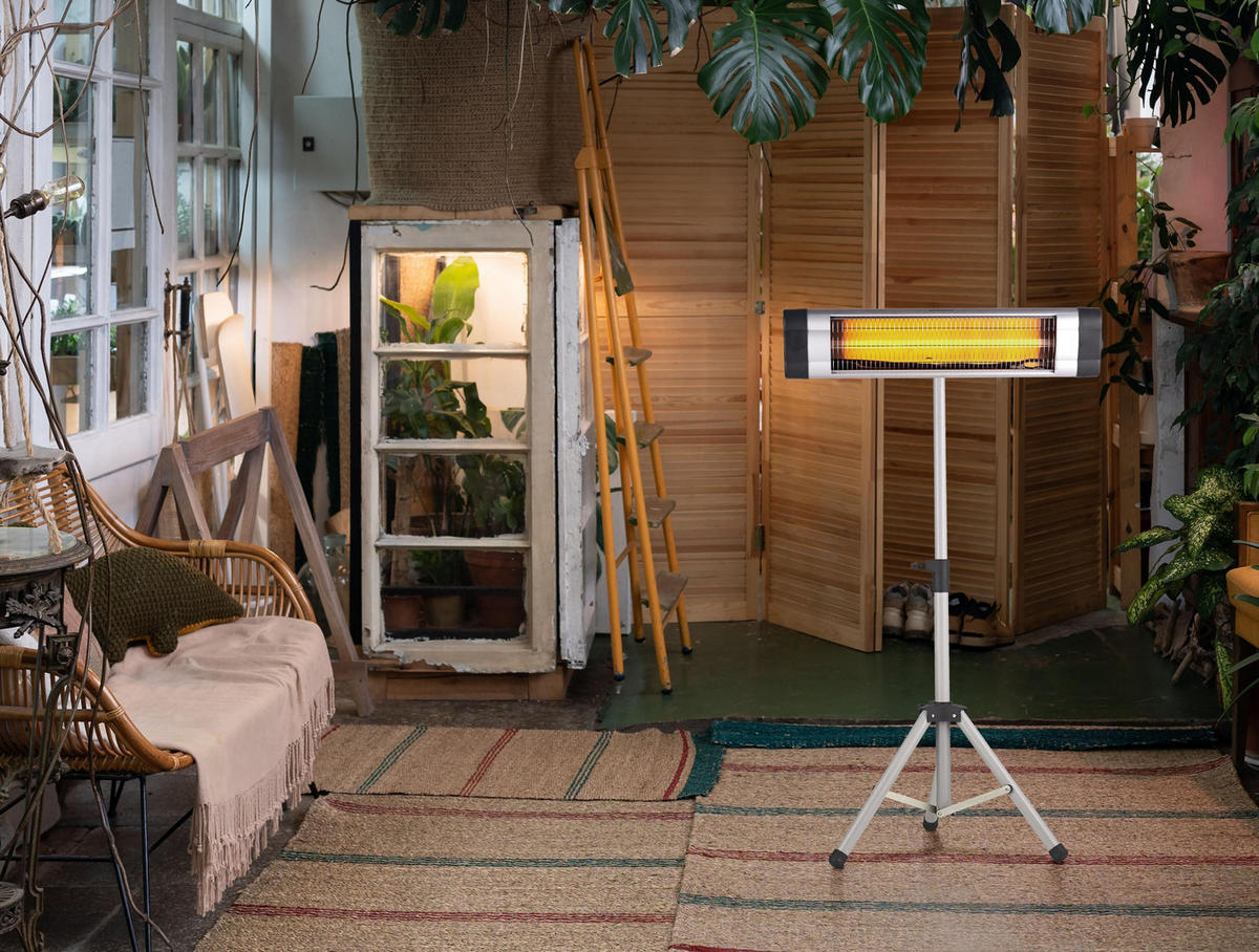 HALOGEN-HEIZUNG auf Standfuß Silber outdoortauglich und höhenverstellbar 3000 W - Silberfarben, Kunststoff/Metall (101/180/70cm) - Purline