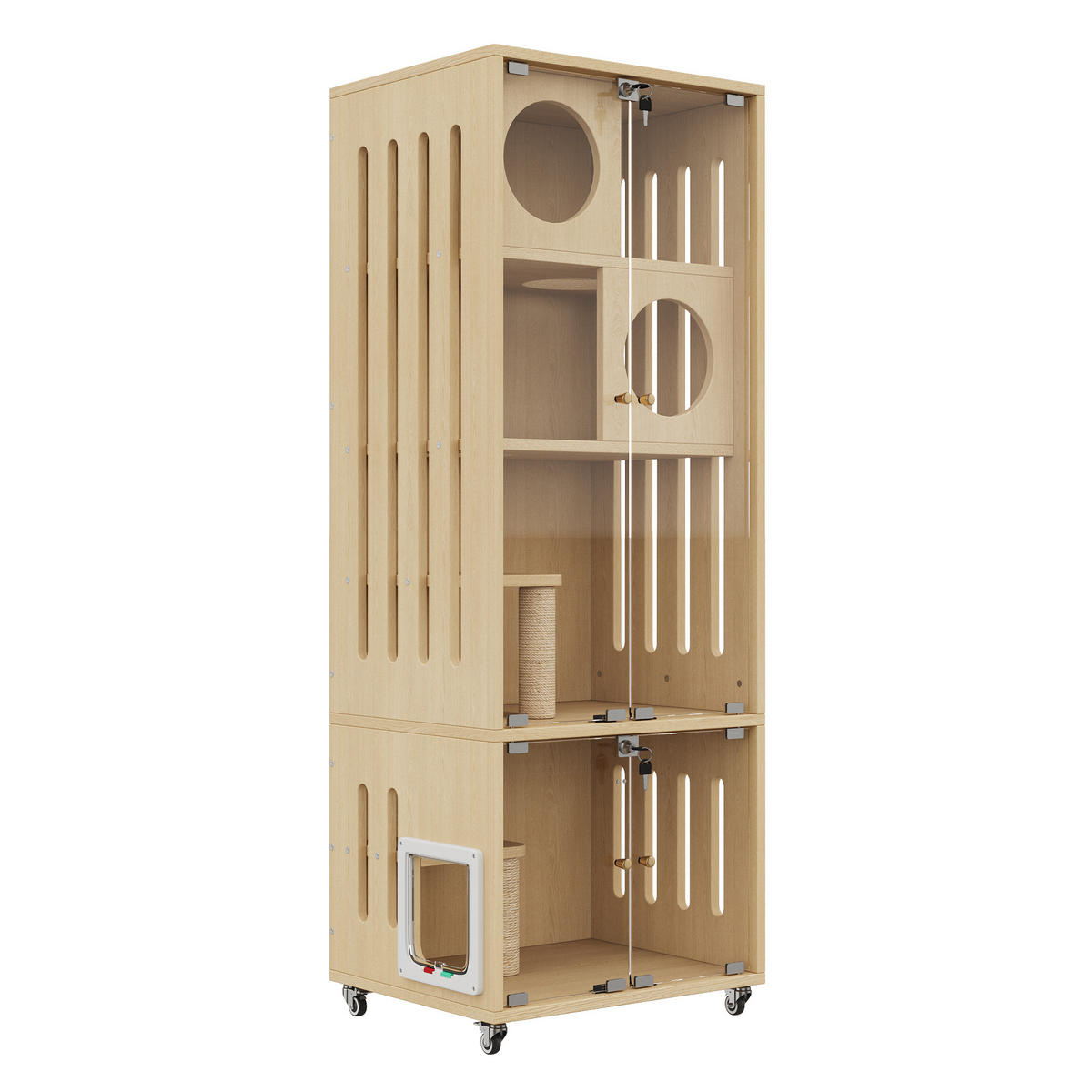 VITRINE Naturfarben 60×50×156 cm aus MDF und Glas mit abschließbarer Glastür, Klappe und Feststellrollen - Naturfarben, Holzwerkstoff (60/156/50cm) - Luhomfu