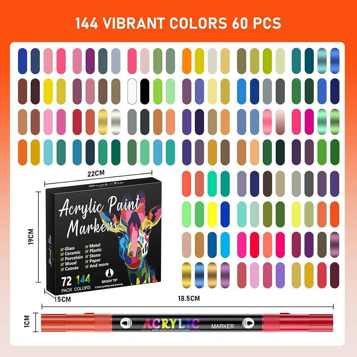 ACRYLSTIFTE Set 72er Pack Dual Tip 144 Farben 1-5 mm Pinselspitze - Multicolor, Kunststoff (1/1/15cm)